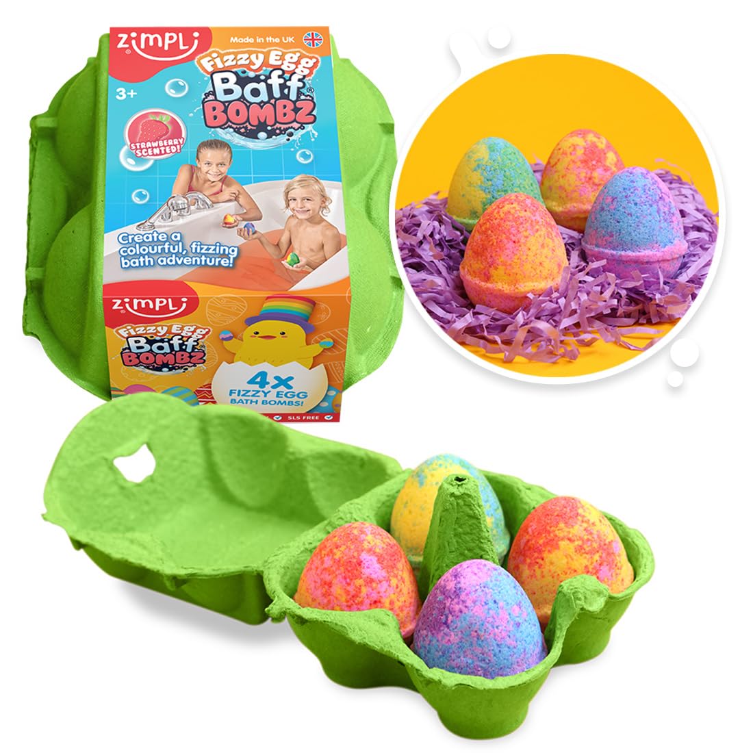 ZIMPLI, 4 x Fizzy Egg Baff Bombz, Alternative to Chocolate Treats, Bath Bombs Gift Set, Moisturising