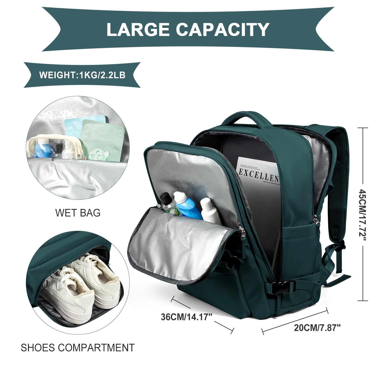 SZLX Zaino Ryanair 40x30x20 Sottovuoto Bagaglio a Mano 40x20x25 Donna Zaino da Viaggio 40x30x20 Wizzair Borse da Cabina per Easyjet 45x36x20 Uomo per Laptop 14 Pollici con Porta USB e Porta Scarpe