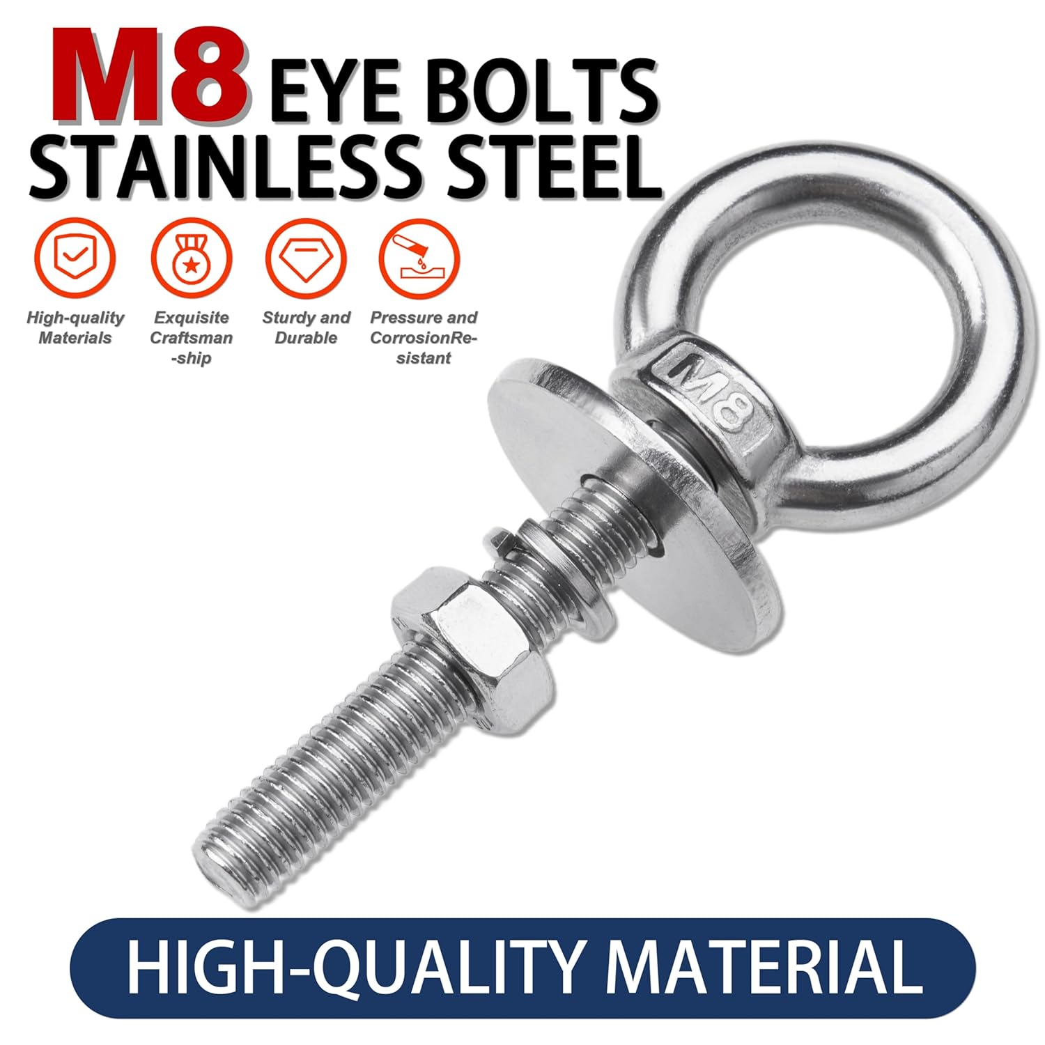 8 Pack M8 Stainless Steel Eye Bolts with Nuts, 5/16" x 2" Long Lifting Ring Eye Bolt， Eye Bolts Heavy Duty for Hang Tie Down Outdoor (8, M8x51mm (5/16"x2"))