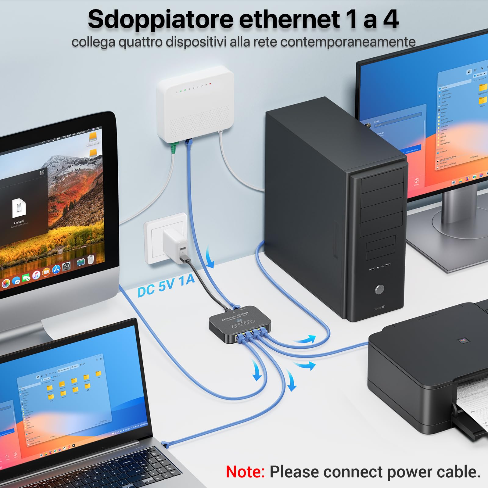 KiwiBird sdoppiatore ethernet 4 Porte Splitter ethernet 1000Mbps sdoppiatore Cavo LAN RJ45 gigabit Mini Switch 1 Ingresso 4 uscite per Cat 8 7 6 5e 5 Compatibile con Router Fibra Ottica PC TV Box PS5