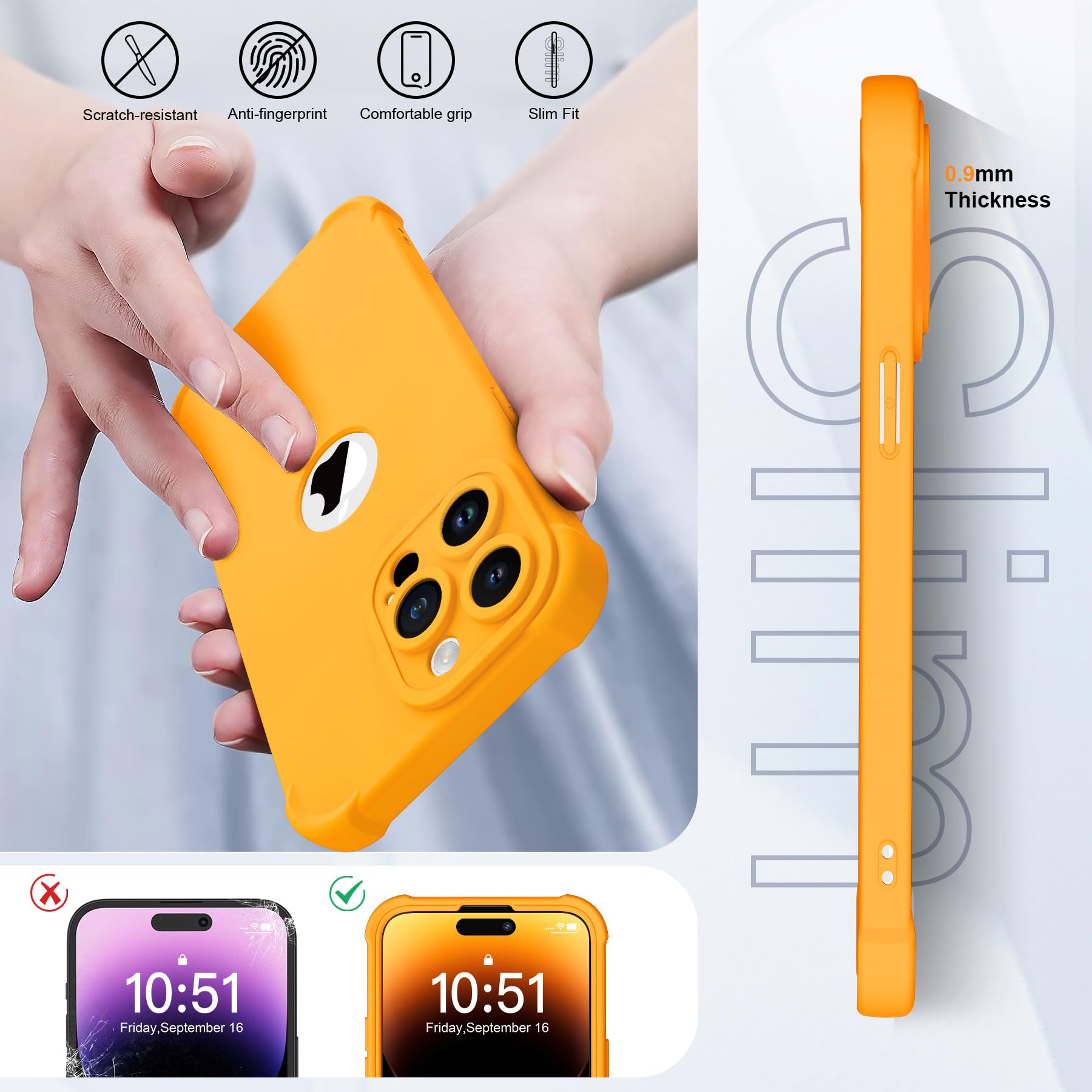 ORETECH Compatibile con Cover iPhone 14 Pro Max,Custodia iPhone 14 Pro Max con [ 2 x Pellicola Protettiva Vetro Temperato] 2 in 1 Ultra Sottile Antiurto Hard PC Silicone Anti Graffio Cover - Giallo - Vista 6