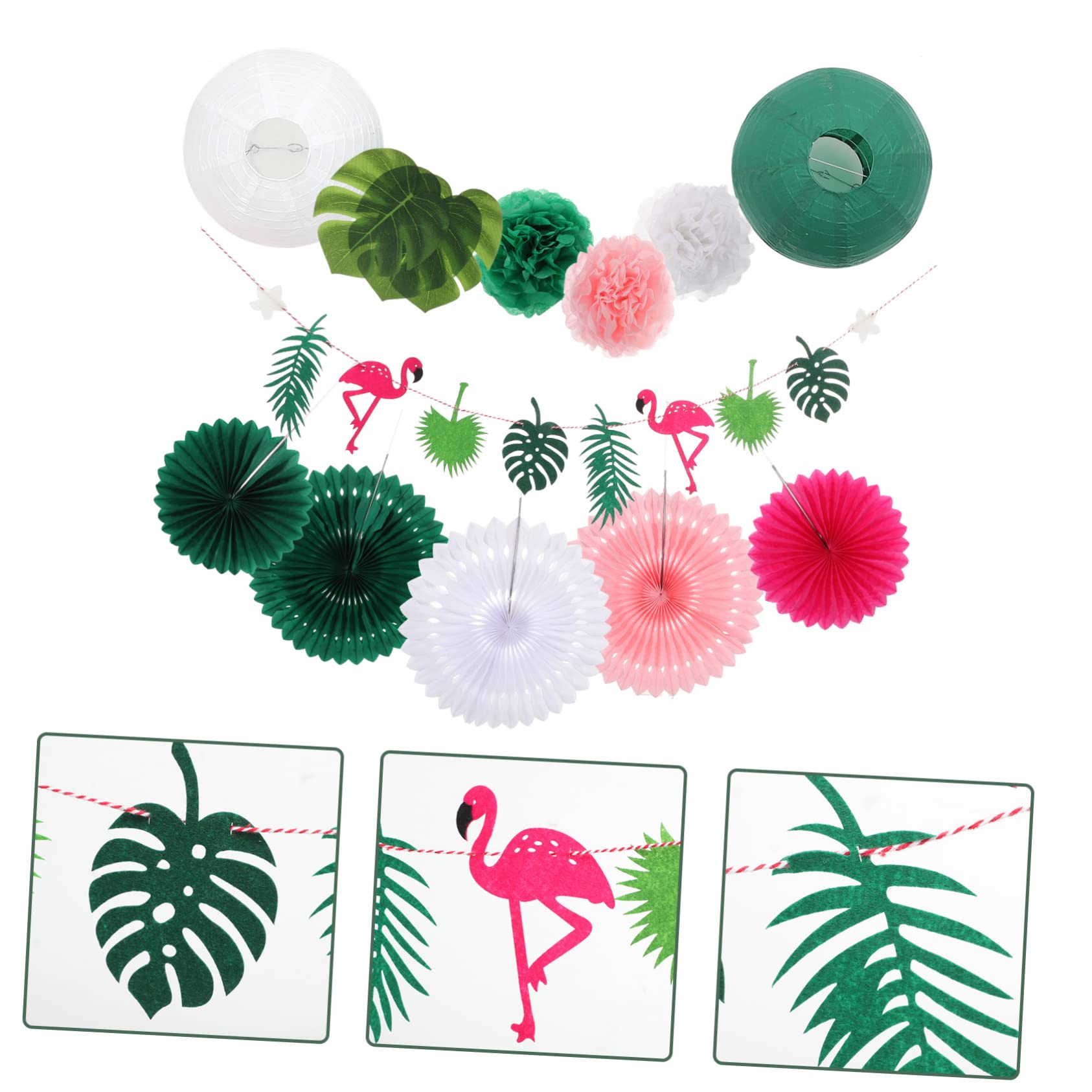 Holibanna Juego de Pancartas Hawaianas y Pompones con Abanicos de Papel y Flamencos, Decoración de Papel para Fiesta Tropical de Verano para Cumpleaños y Playa