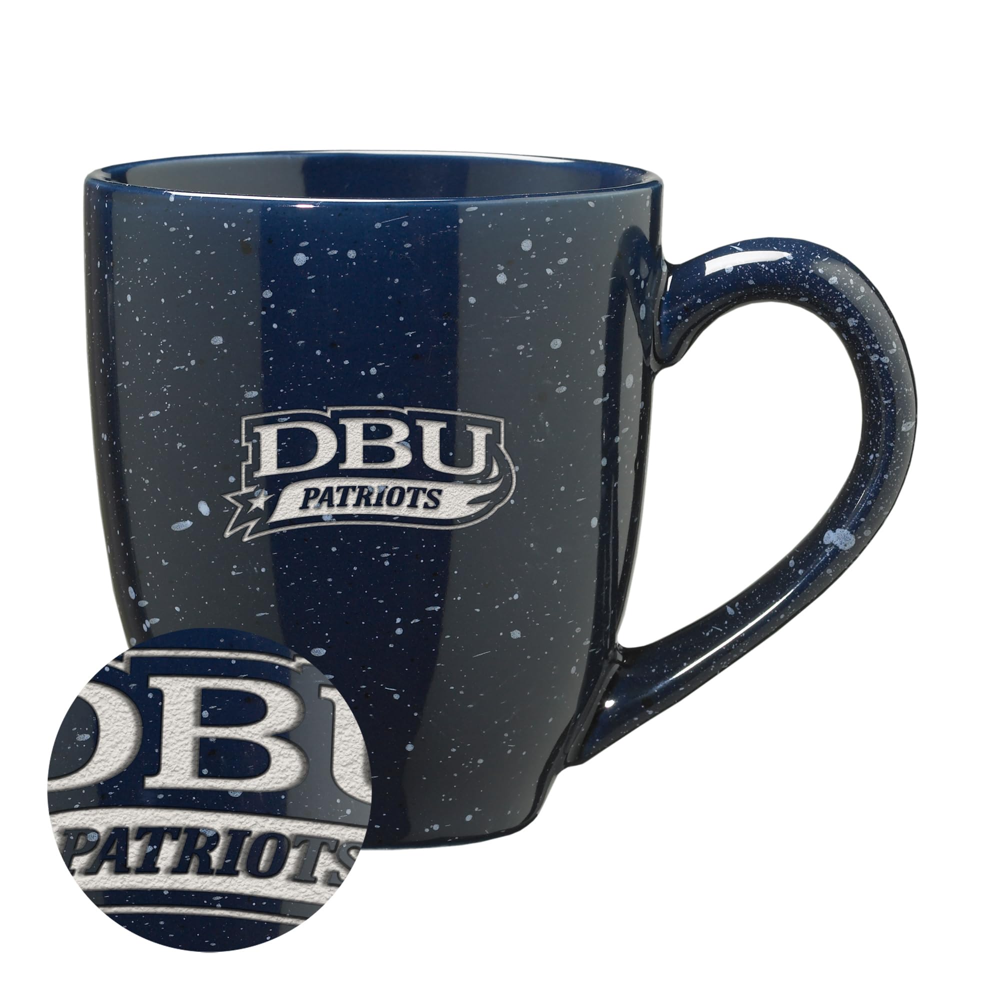 Rico Industries NCAA Dallas Baptist Patriots Primary Logo Navy 16 oz Team Color Laser Engraved Speckled Ceramic Coffee Mug