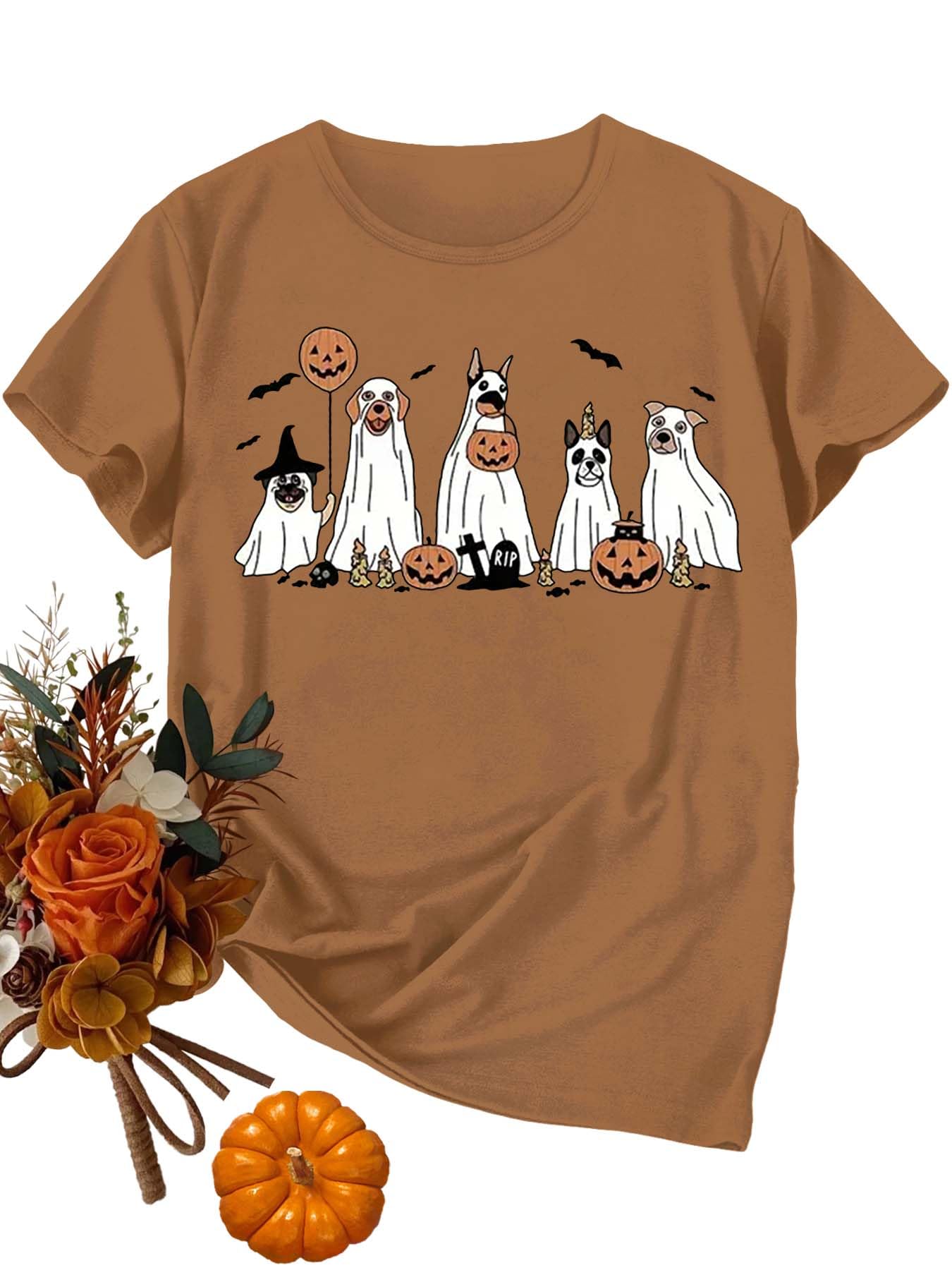 EUOW Halloween Plus Size Shirts for Women Fall T-Shirts Short Sleeve Cute Graphic Tees Thanksgiving Top Halloween-0803 XL