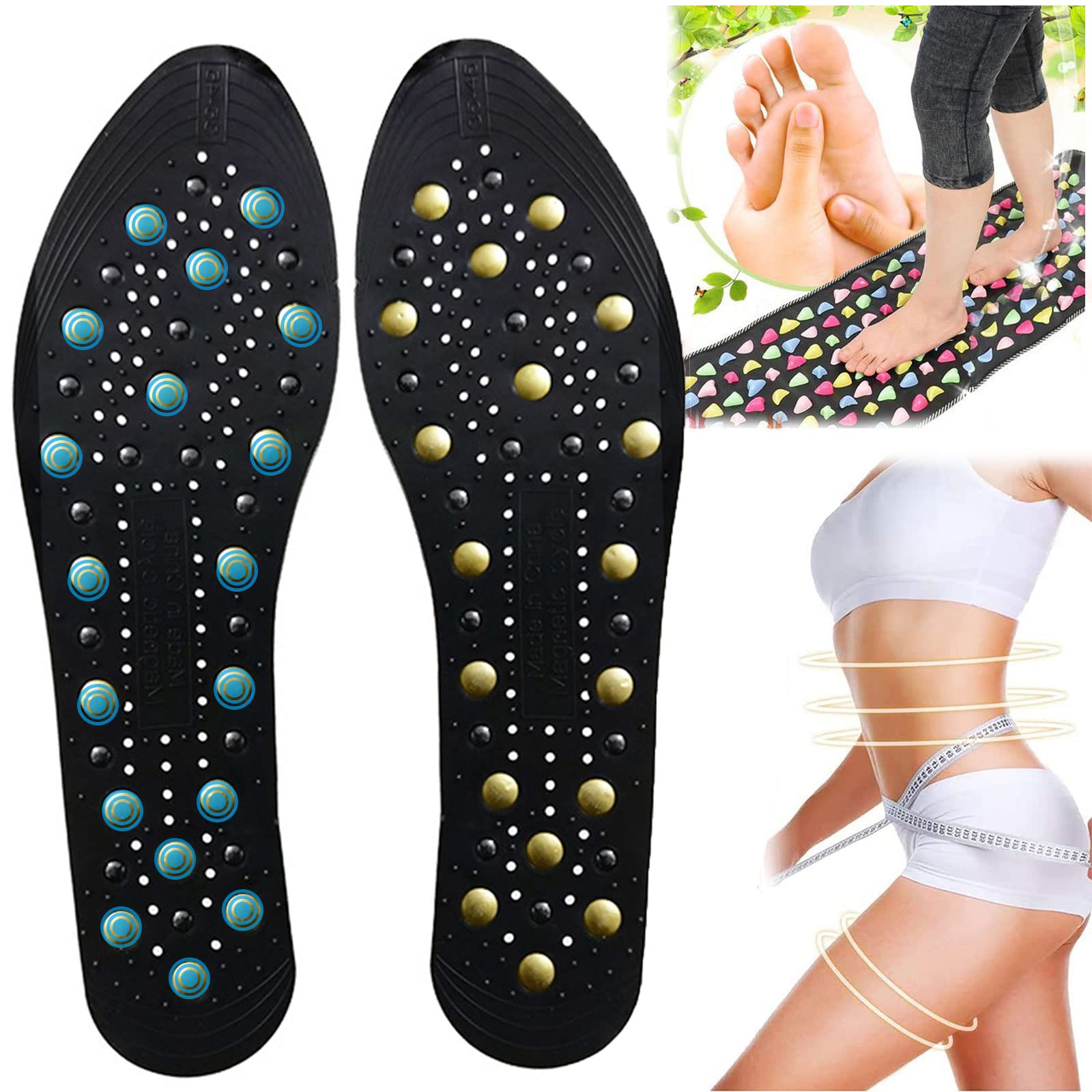 Solette per dimagrire, sollievo per piedi doloranti con inserti magnetici per agopressione,Solette Traspiranti Per Uomo e Donna,Solette Magnetiche Per Massaggio,Cura D(Size:3 pairs,Color:black)