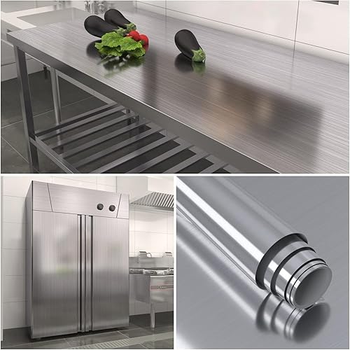 Miniatura 1 de XRUIBZI Papel tapiz de acero inoxidable plateado cepillado de 35.4 x 196 pulgadas, papel de contacto para despegar y pegar, papel tapiz metálico