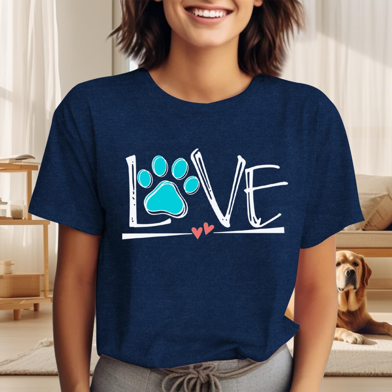 Dog Lover Shirts for Women Cute Paw Love Heart Print T-Shirt Dog Mom Short Sleeve Tee Tops - Image 2