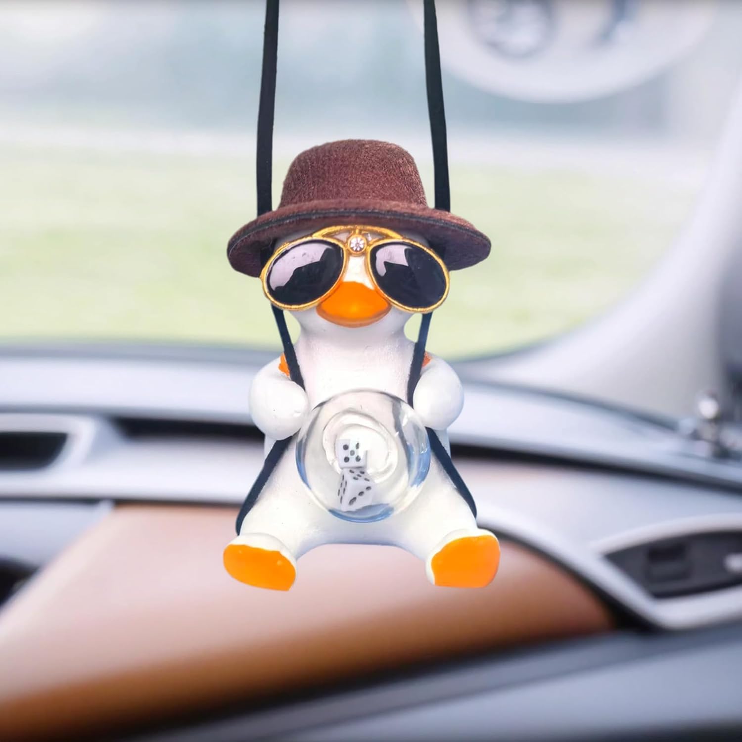 Cool Swinging Duck car Hanging Ornament, Pendant Interior Rearview Mirror Decoration and car Rear View mirrior Hanging Accessories(Brown Hat Duck)