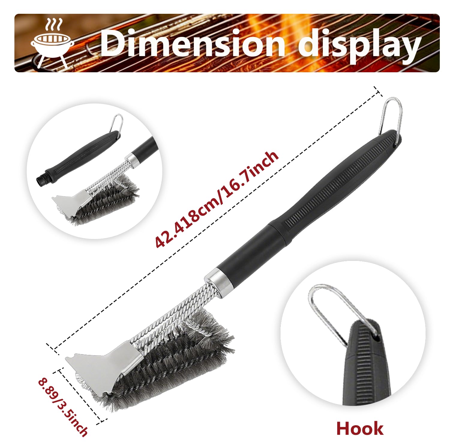 Brosse de Barbecue 3-en-1 – Grattoir Acier INOX Ultra-Tranchant & Brossage 360° pour Un Nettoyage Rapide et Profond de Toutes Les Grilles - 3