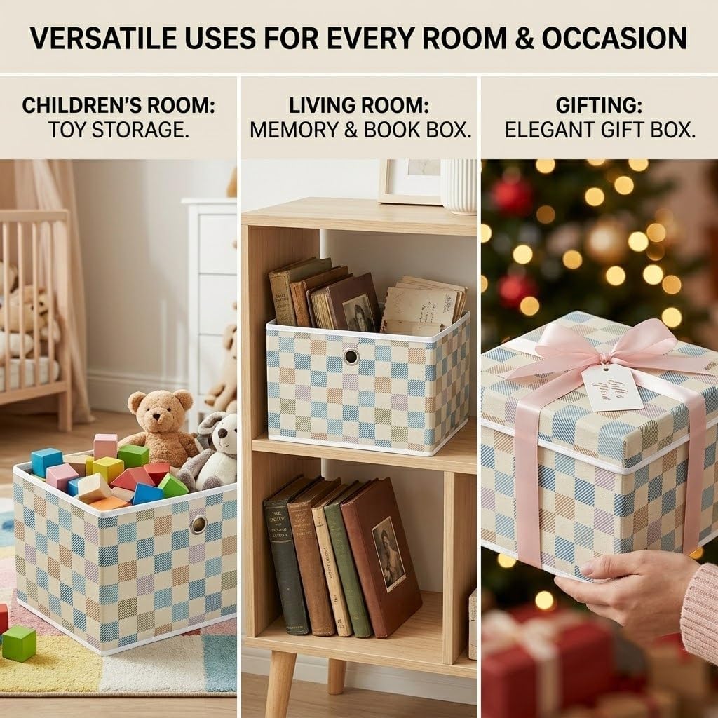 SUREMAX Decorative Storage Boxes with Lids, 16.9x11x11 Inch Pastel Plaid Fabric Storage Box with Lid, Odorless Sturdy Cardboard Insert, Foldable Keepsake Box Small Toy Box for Closet Nursery Shelves