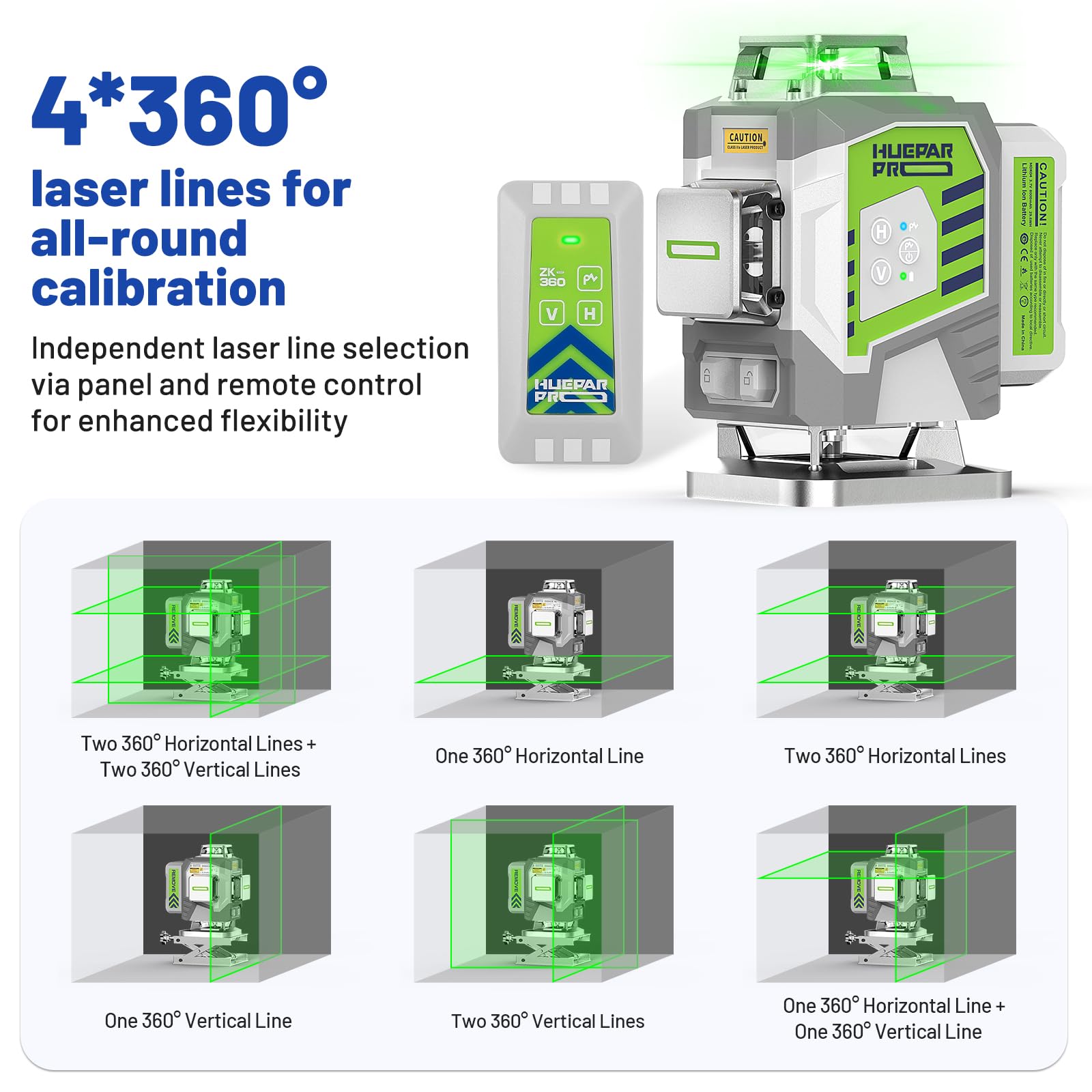Huepar Pro Kreuzlinienlaser 4 * 360 Grad Selbstnivellierend Grün Laser Wasserwaage, Hochpräzises 4D Nivellierlaser Mit 8000mAh Lithiumionen-Akku, Fernsteuerung Und Hartschalenkoffer ZK04CG