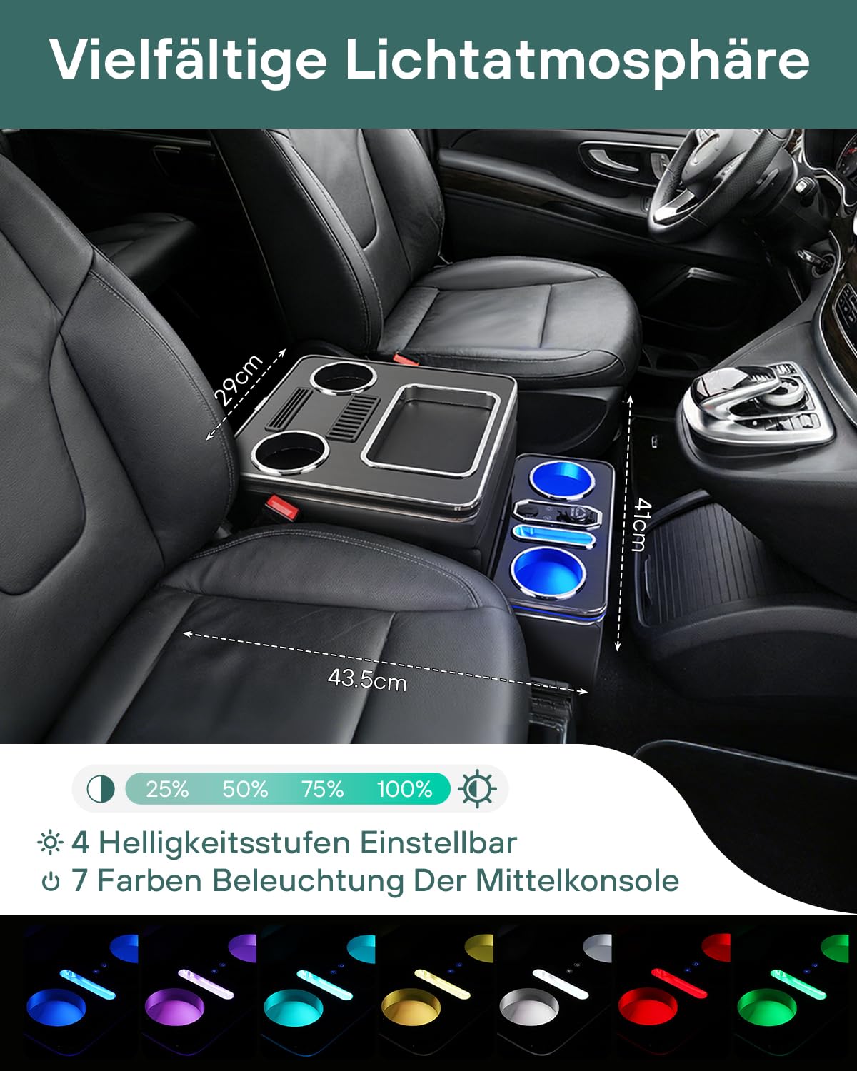 Mittelkonsole Auto Für V-Klasse V220 V250 V260 W447, Mittelkonsole Organizer Auto mit 7 Farben LED-Leuchten, USB und Getränkehalter, Mittelkonsole Box mit Mehrere Stauräume