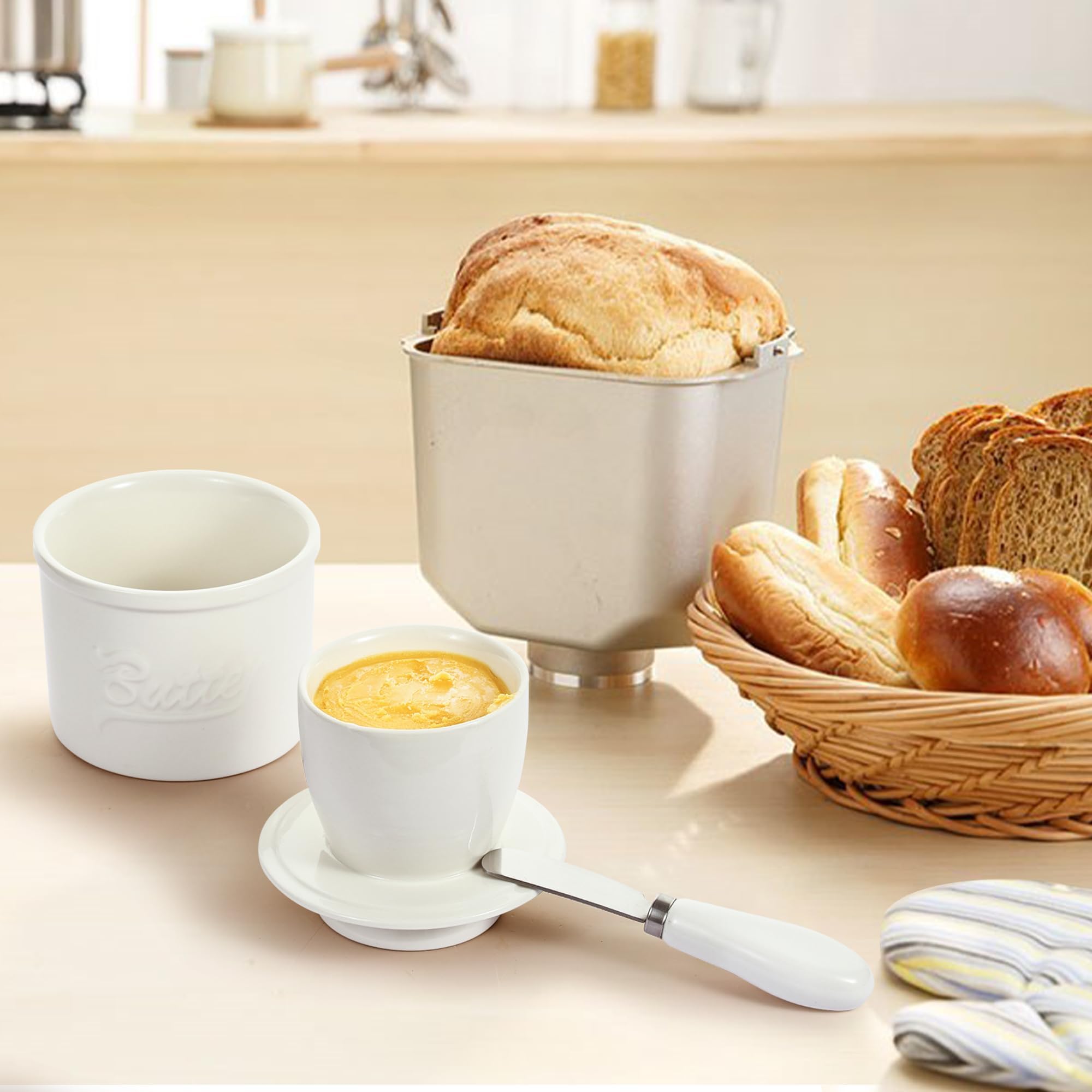 Mantequera Francesa con Enfriamiento por Agua, Fresca Fácil de Untar | Cerámica Butter Keeper Crock con Tapa y Cuchillo de Mantequilla, Diseño de Tarro Mason, Butter Dish para Cocina y Mesa
