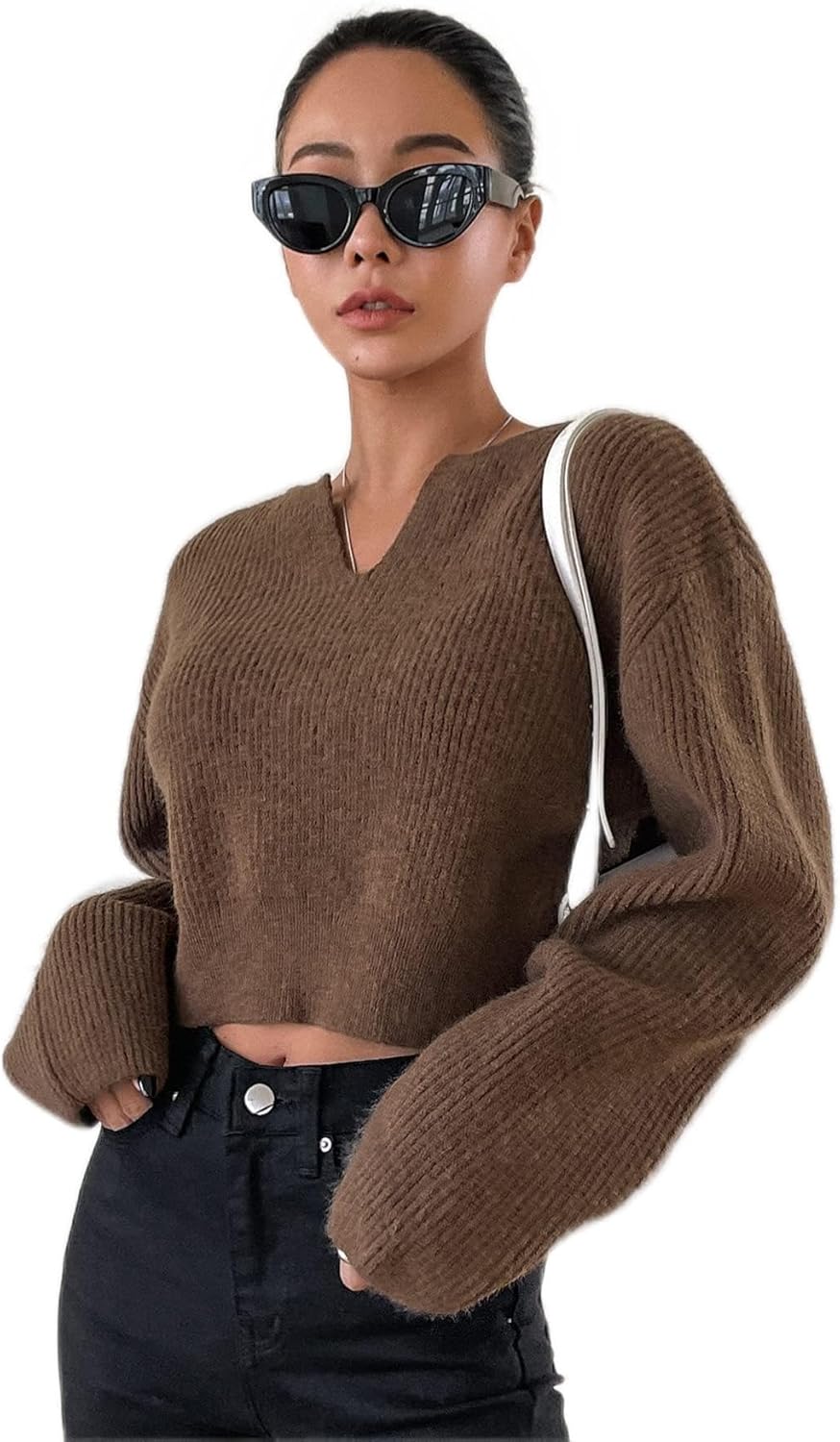 Sweater Womens Sweater Notched Neckline Drop Shoulder Sweater (Color : Coffee Brown, Size : Large)