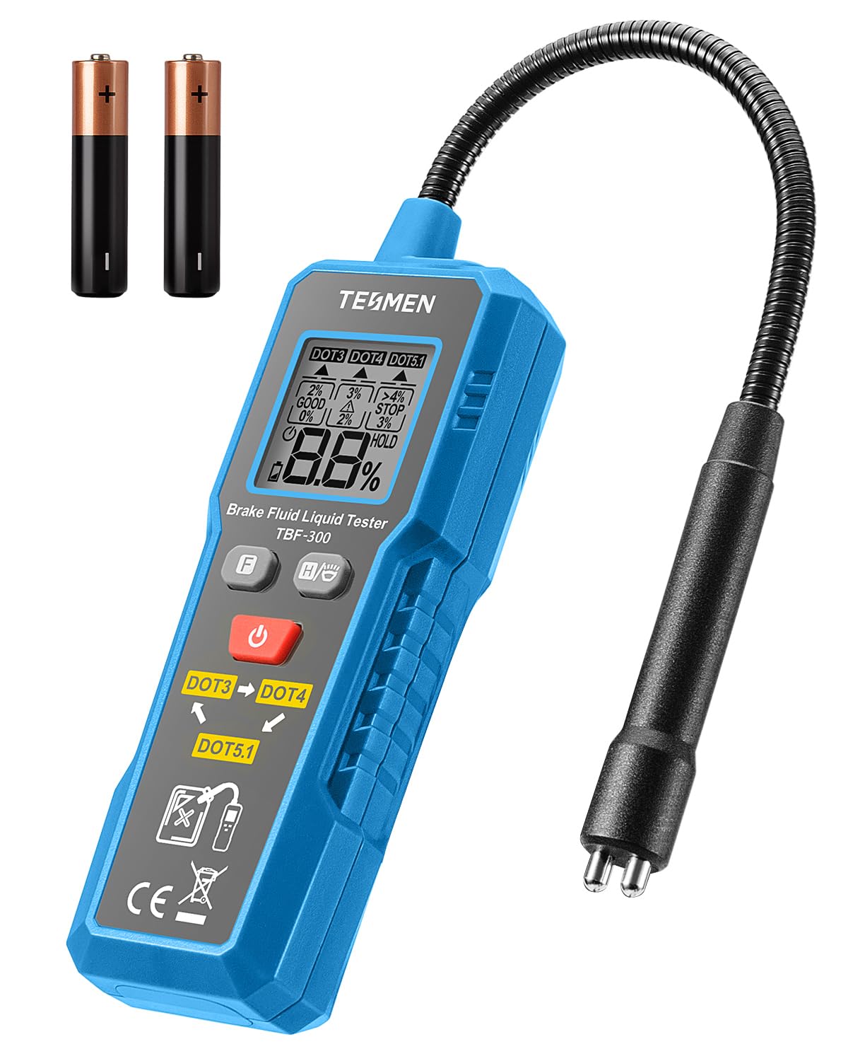TESMEN TBF-300 Bremsflüssigkeitstester, 8,5" korrosionsbeständige Schwanenhals-Sonde, für DOT3/DOT4/DOT5.1, mit Licht, Datenhaltung & Hintergrundbeleuchtungsalarm – Blau