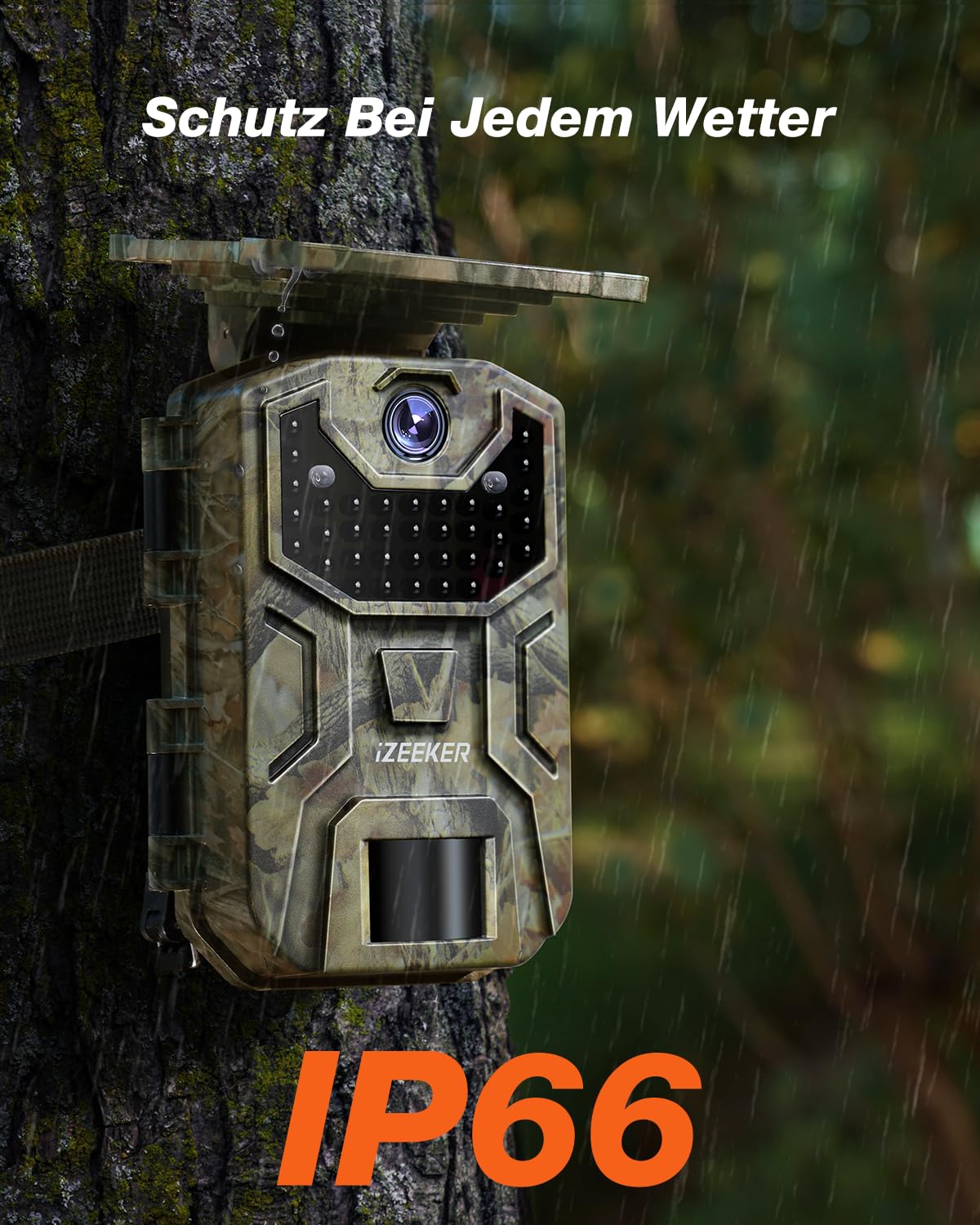 iZEEKER Solar Wildkamera 4K 30fps 48MP, Wildtierkamera mit 2600 mAh Akku, Wildkamera mit Bewegungsmelder Nachtsicht, Kein WLAN, IP66 Wasserdicht für Wildtierbeobachtung & Heim Sicherheit