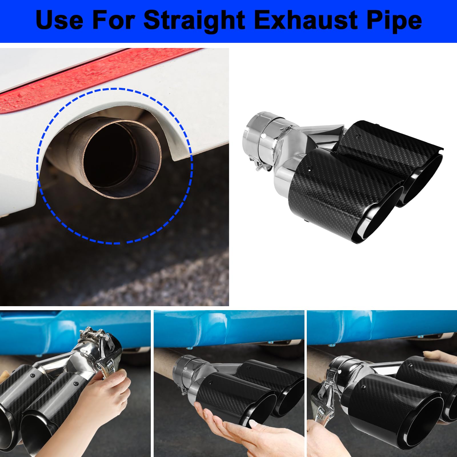 Punta de Silenciador Dual de 63 mm Tubo de Escape de Coche de Fibra de Carbono Punta Trasera Cola de Garganta (2 unidades-Plata Negro Brillante)