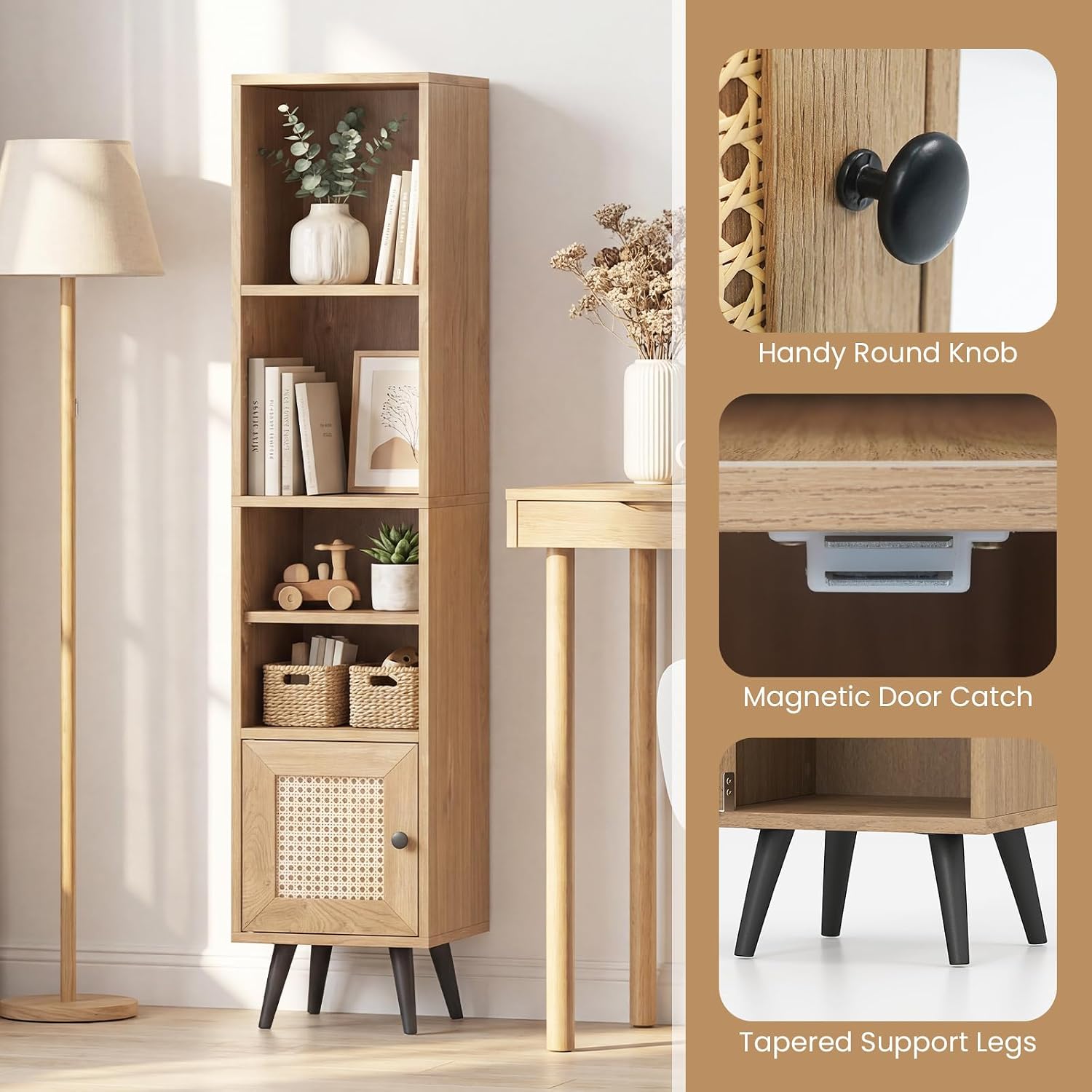 Giantex 6-Tier Tall Narrow Bookcase, 54 Inches Slim Storage Cabinet with Adjustable Shelf and Boho Style Rattan Door, Space-Saving Bookshelf for Living Room, Bedroom and Home Office (Natural)