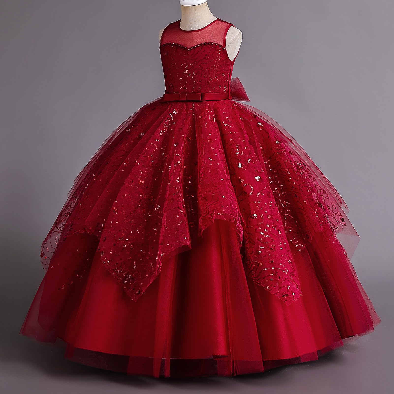 IDOPIP Robe Enfant Fille Mariage Dentelle Tulle sans Manches Broderie Perles Bow Demoiselle d'honneur Anniversaire Partie Princesse Longue Robe De Bal Soirée
