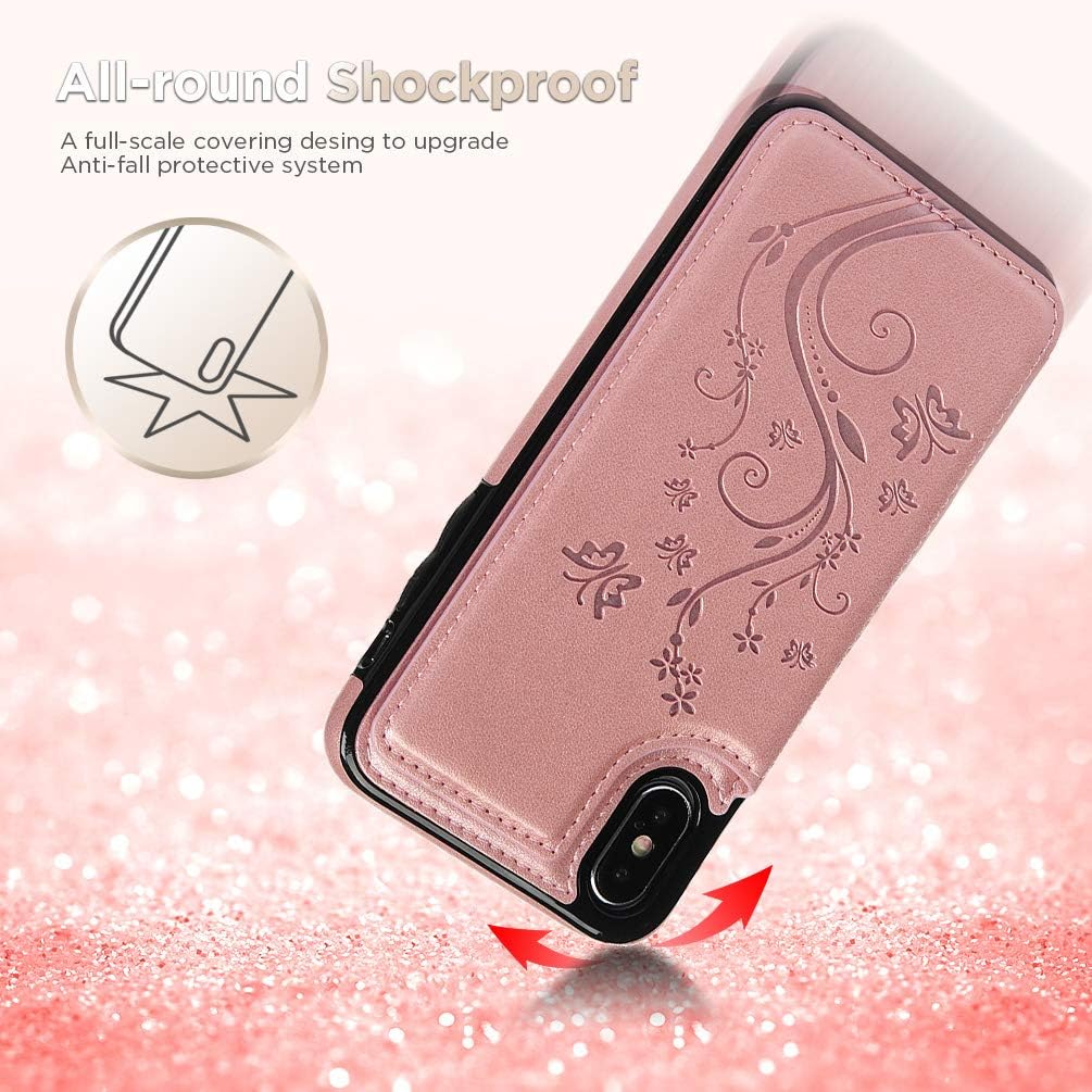 SUPWALL Compatible with iPhone X Card Holder Case, iPhone Xs Wallet Case PU Leather Kickstand Cover TPU Shockproof Shell with Credit Card Slot Durable Protective Skin for iPhone X & iPhone Xs, Gold