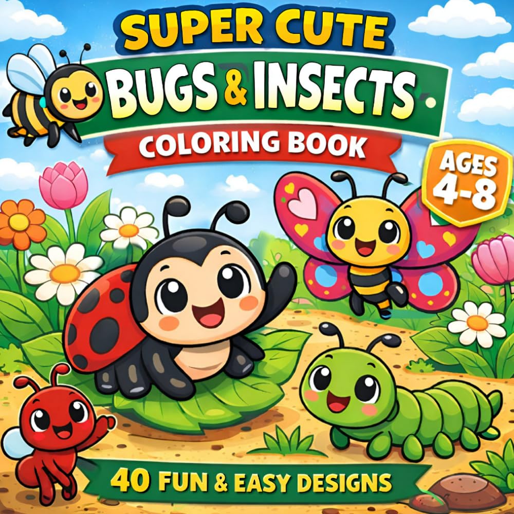 Super Cute Bugs & Insects Coloring Book for Kids Ages 4–8: 40 Fun and Easy Designs with Simple and Bold Coloring Pages (Super Cute Animals Series)