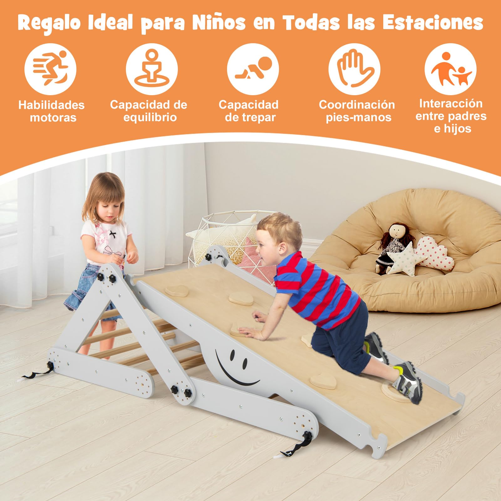COSTWAY Juego de Escalada Montessori, Escalador de Madera Plegable con Rampa Ajustable y Reversible, Rocas de Escalada Coloridas y Balancín, Gimnasio de Escalada Interior para Niños (Gris)