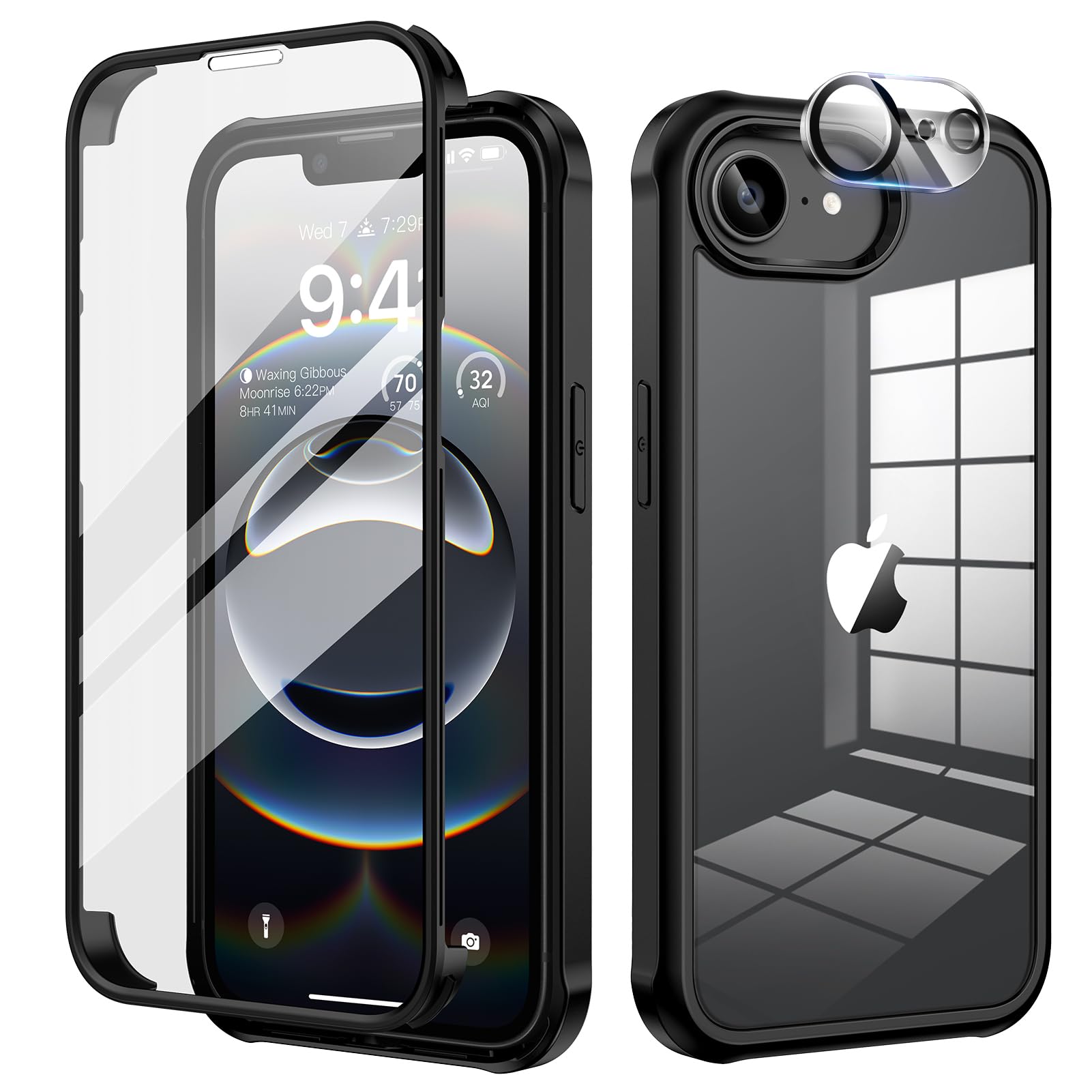 seacosmo für iPhone 16E/17E Hülle mit eingebautem Panzerglas Displayschutz und Kamera Schutzfolie [9H HD], 360 Grad Handyhülle Ganzkörper Stoßfeste iPhone 16E/17E Case - Schwarz