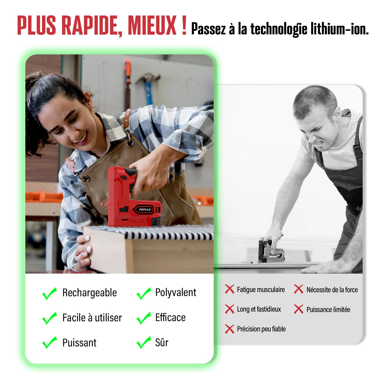 POPULO Agrafeuse électrique 2-en-1 sans fil 4 V lithium-ion avec charge USB-C – inclut arrache-clou, agrafes et clous pour tapisserie, réparation de meubles, moquette et bricolage maison