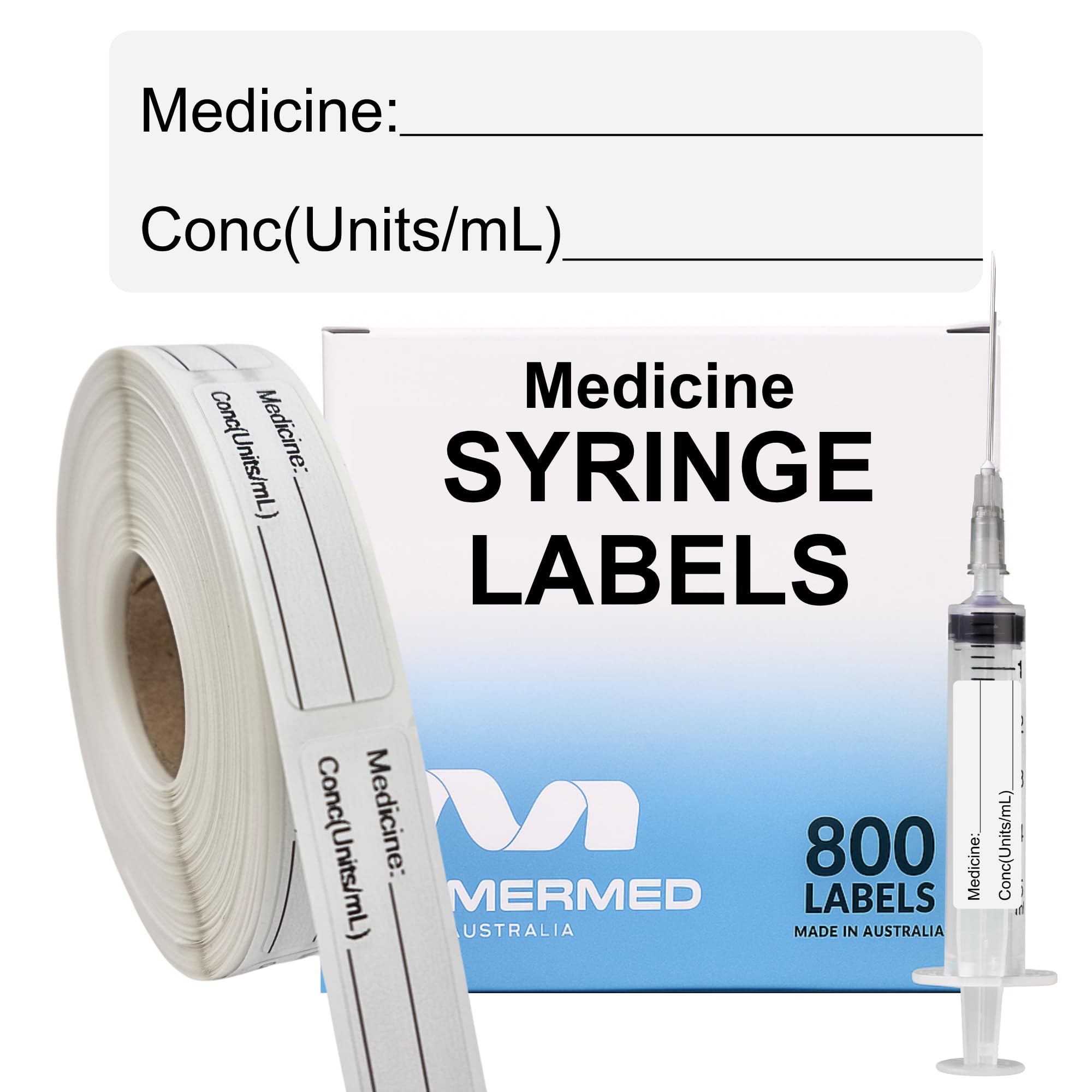 White Medicine Syringe Labels (Units/mL) - 800 Write-On Medication Stickers per Roll (12mm x 40mm / 0.5" x 1.5") in Dispense Box - Permanent Latex-Free Adhesive for Hospitals, Pharmacy & Vet Use
