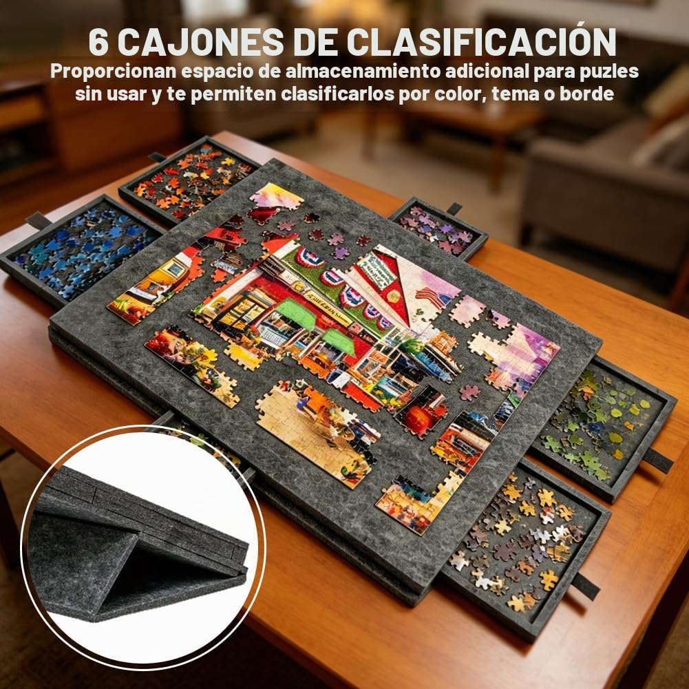 Cuadro plegable para rompecabezas de 1000 piezas con 6 cajones. Bandeja portátil para rompecabezas con soporte 2 en 1 y tapa, súper ligero de fieltro para rompecabezas para adultos, utilizable para