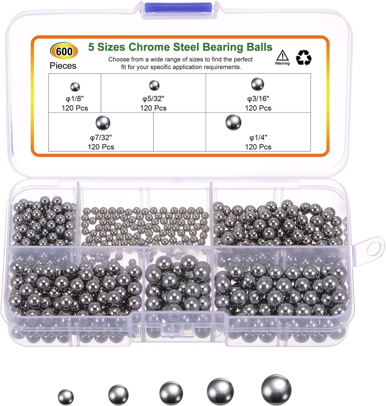 600 Pieces Precision Ball Assortment Kit G10 1/8" 5/32" 3/16" 7/32" 1/4" Solid Bearing Balls in Chrome Steel
