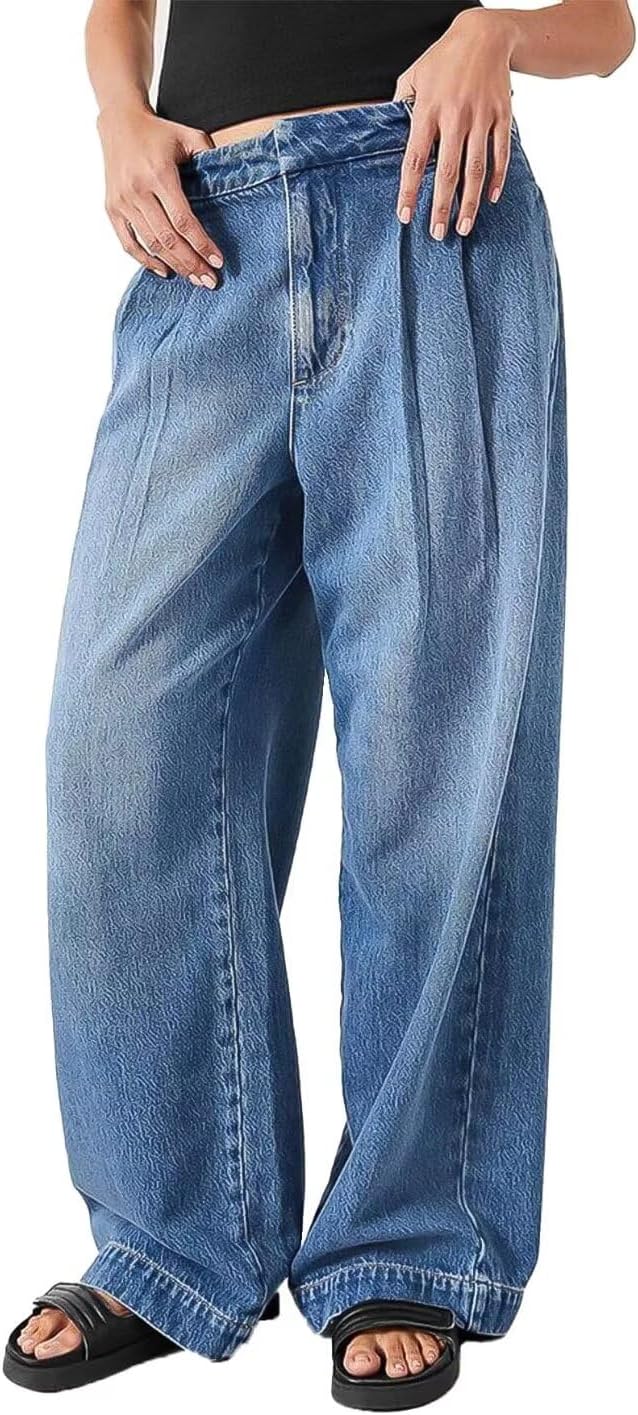 Flamingals Wide Leg Jeans High Rise Jeans for Women Wash Pleated Denim Pants