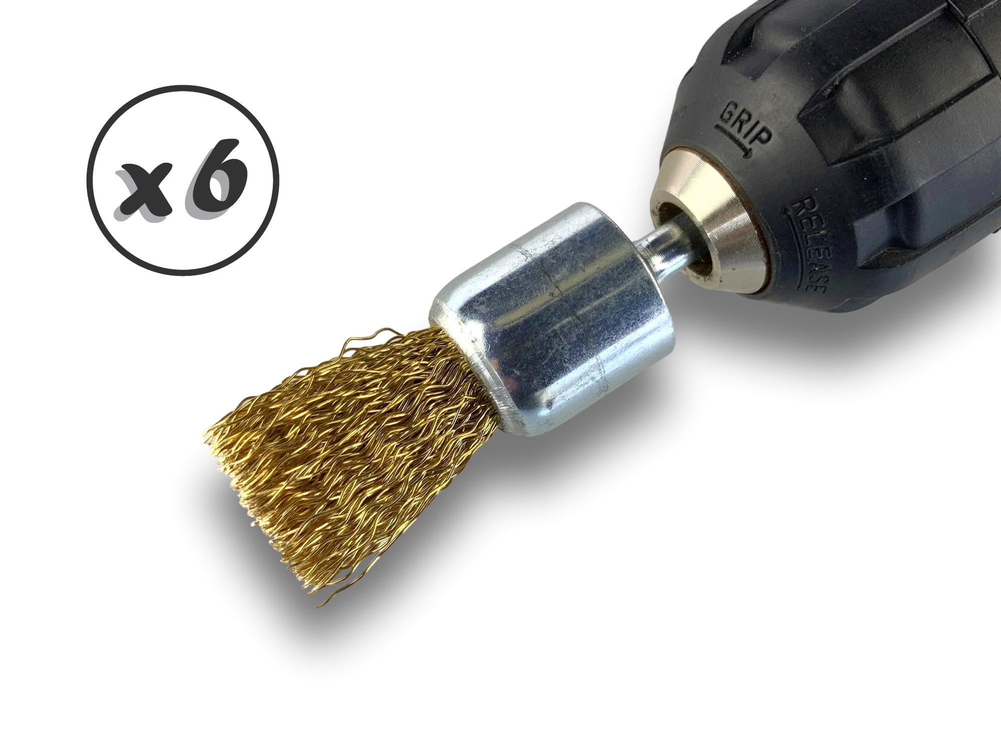 Metalowa szczotka obrotowa z końcówką Ø 22 mm | Zestaw 6 sztuk | Kształt pędzla na trzonku Ø 6 mm | Nici mosiężne Ø 0,30 mm twarde | Do wiertarki lub wkrętarki z uchwytem | Kibros 20LT22x6
