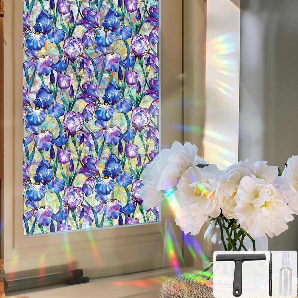 Window UV Protection Rainbow Privacy Film:Non-Adhesive Static Cling Decorative Window Film with Installation Tools,Stained Glass Window Film for Kitchen,Bathroom,and Shower Doors,16.9 x 39.4 inches.