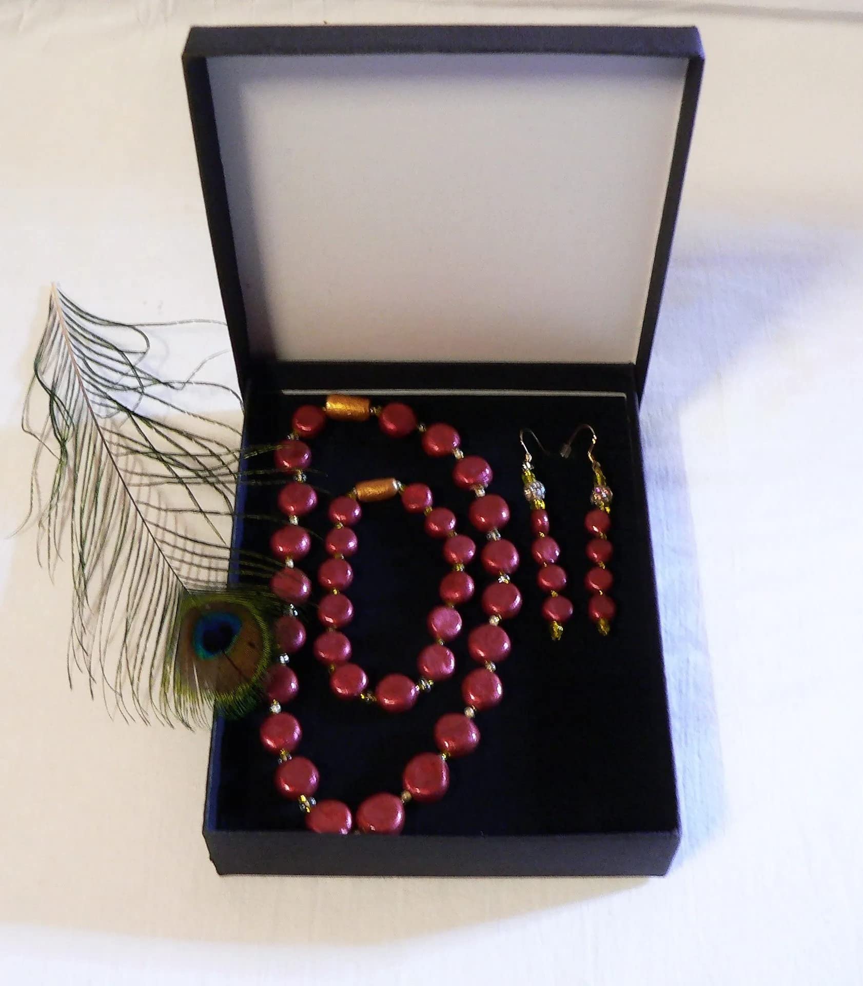 Joyas para mujer: Conjunto de perlas de cerámica, gargantilla, pendientes y pulsera, color rojo