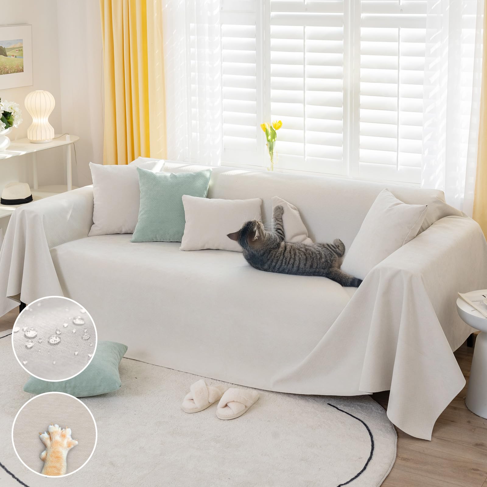 Royhom Waterproof Sofa Cover, 4 Seater Sofa Protector, Scratch-Resistant Sofa Cover, Universal Anti-Stain Sofa Covers, Beige, 380 x 180 cm