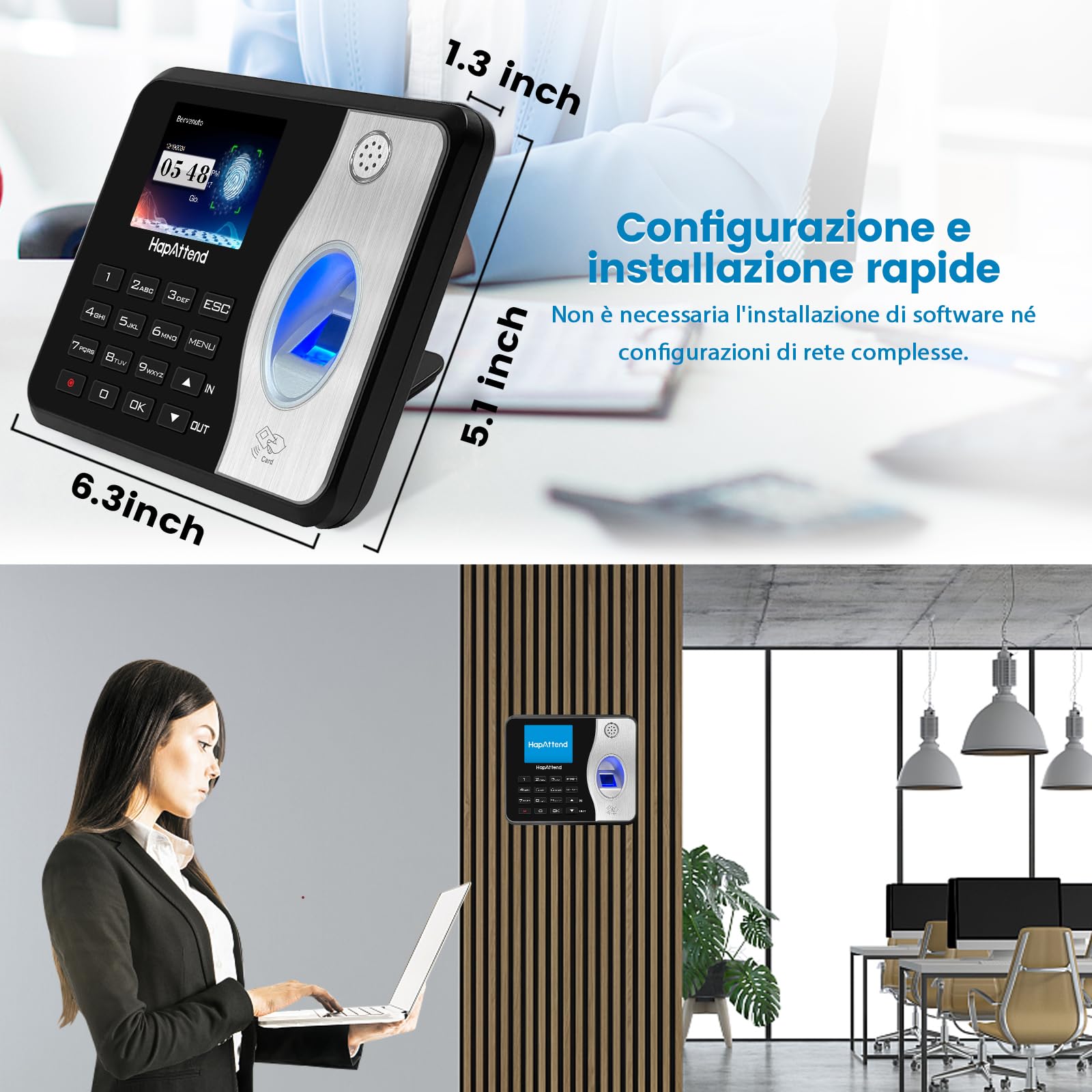 Rilevatore presenze, HapAttend Italiano timbracartellini lettore con impronte digitali e 5 badge RFID, H3 timbratrice presenze dipendenti Checking-in registratore orologio tempo per piccole imprese