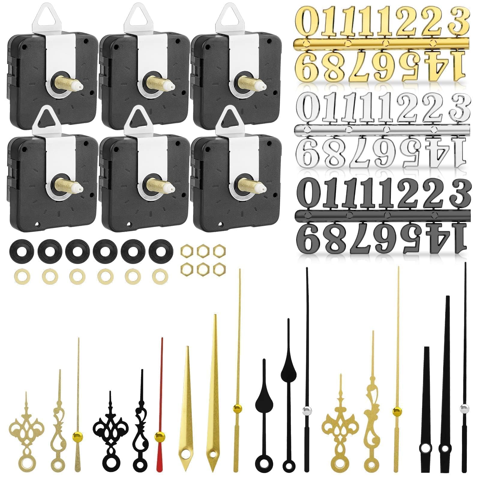EEEKit Quartz Clock Mechanisms, 6PCS Battery Motor Movement Replacement Parts with 6 Pairs Hands and 6 Sets Numerals for Clock Making (22mm Shaft) โ image 1