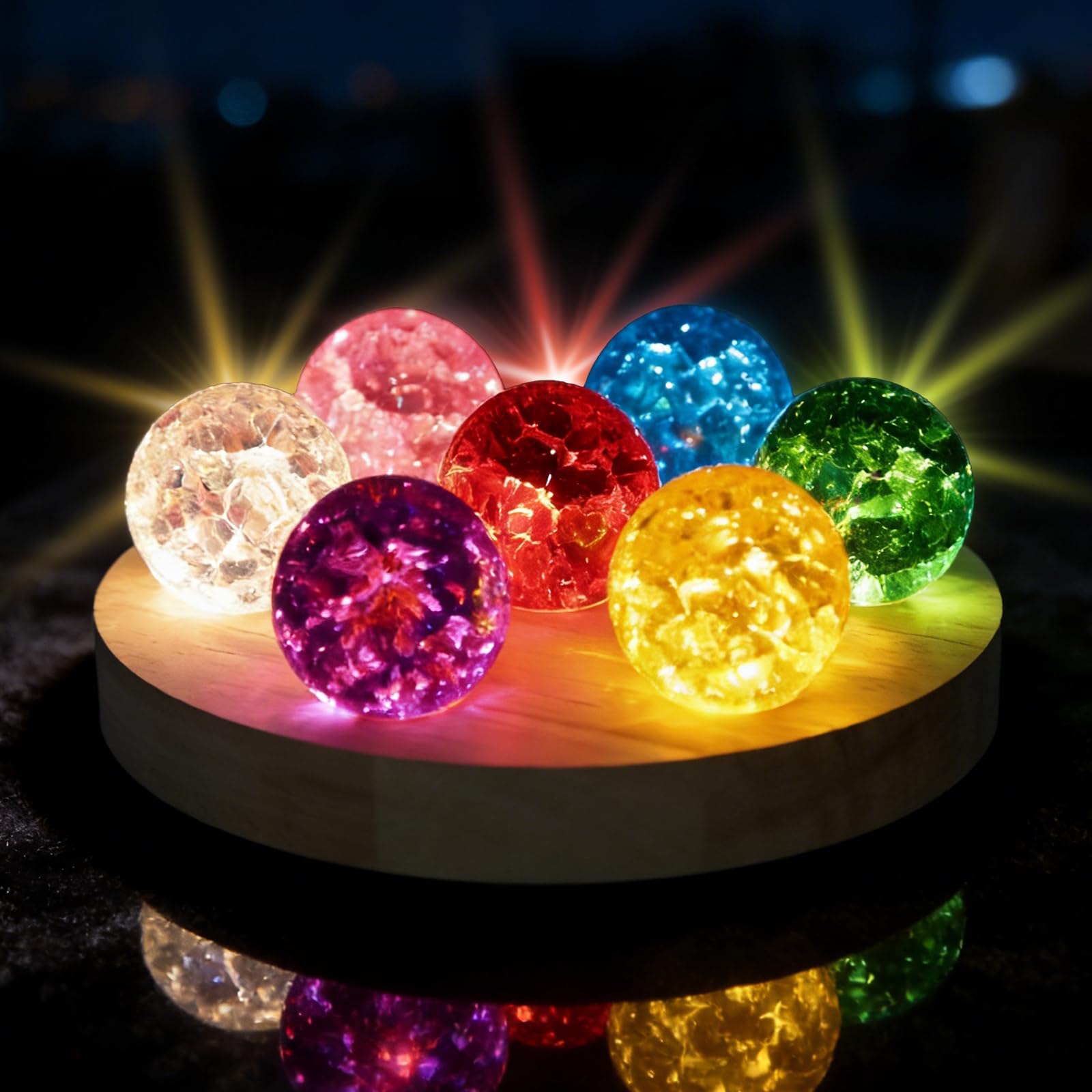 7 kolorowych szklanych kryształowych kul z lampą LED drewniany stojak, naturalne czakry kule nocne światło, obsługa USB, nowoczesny element dekoracyjny do salonu, 17,27 × 17,27 × 6 cm