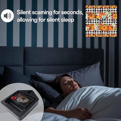 Miniatura 7 de Debedcor Fall Pumpkins Wooden Wall Clock Silent Non Ticking, Thanksgiving Maple Leaves Black Plaid Square Wall Clock Battery Operated, Decor Clock