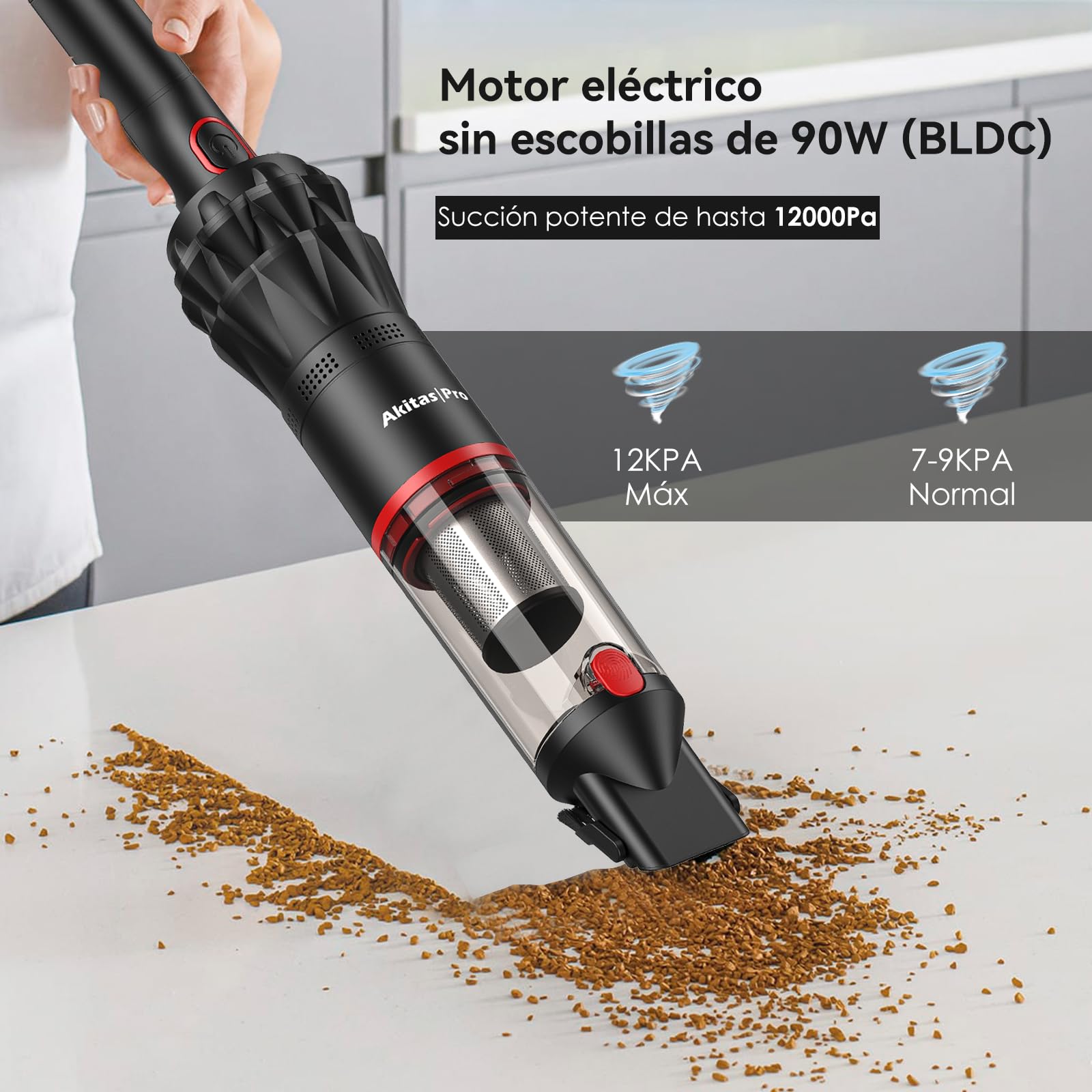 Akitas Pro H2 Aspiradora de Mano Sin Cable Ultraligera 0,5 kg – Potente Succión con Doble Modo, Batería 2600mAh, Filtro HEPA y Acero, Boquilla y Cepillo, Compacta para Hogar, Sofá y Coche
