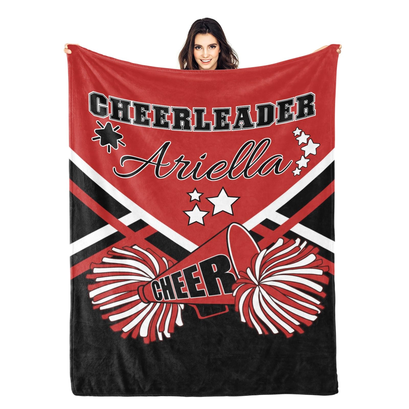 Zaaprint Cheerleader Red Black Cheer Personalized Blankets with Name Customized Baby Blankets for Girls Boys Adults Kids Gift(50x60 inch)