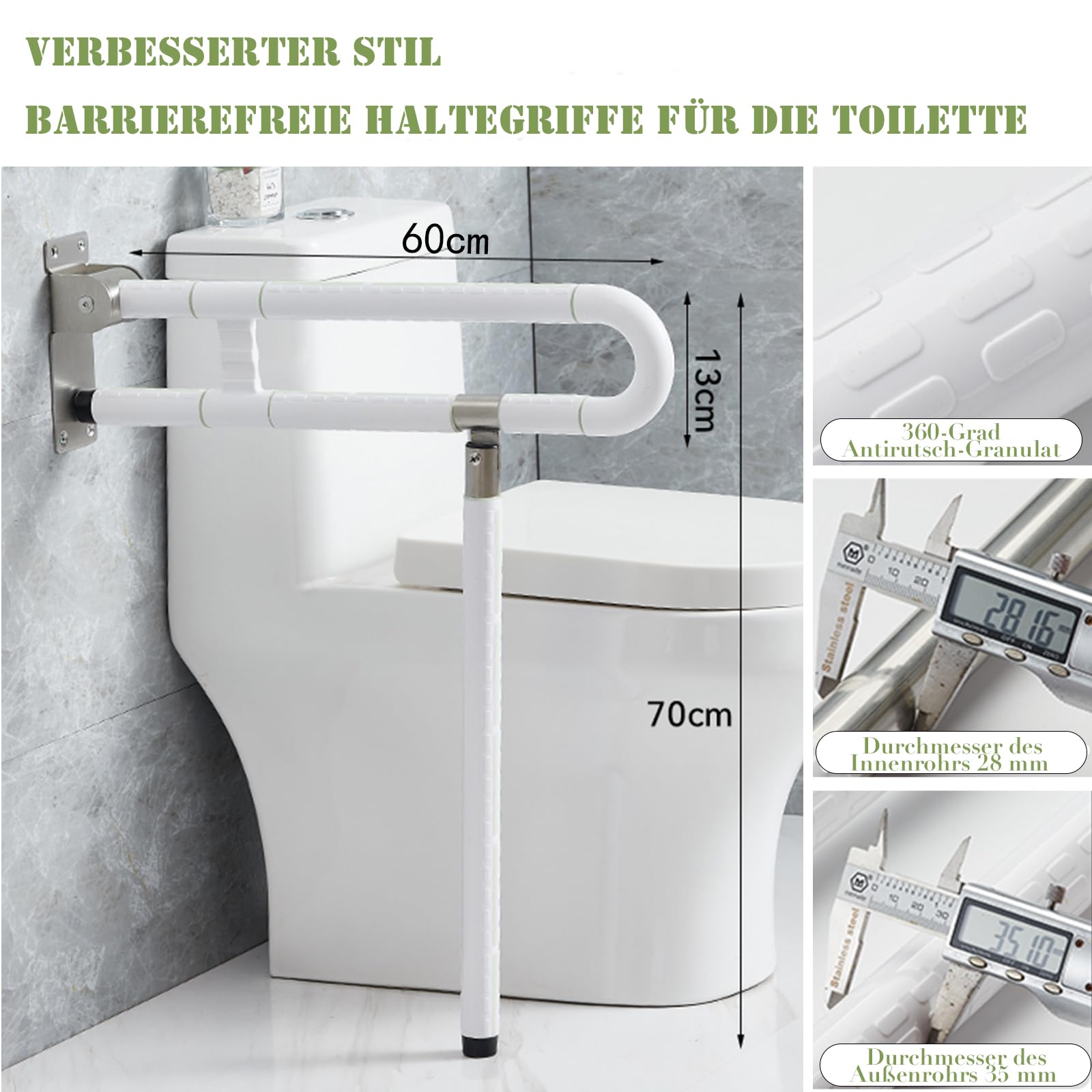 Wandstützgriff Toilette, 60cm Haltegriffe für Senioren (Weiß, Mit Beinen)