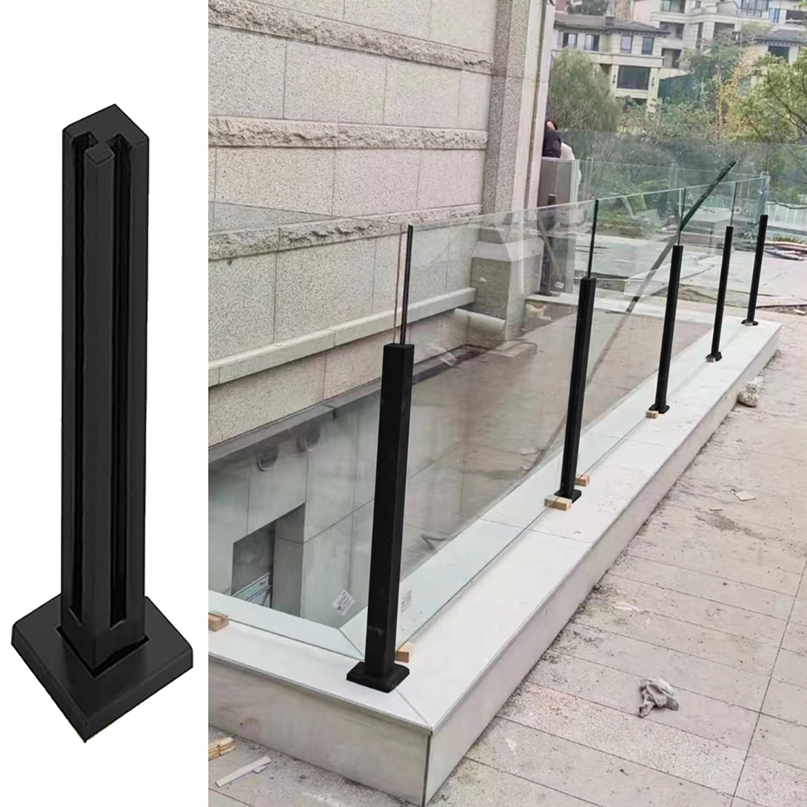 Garde-corps d'angle extérieur en verre avec poteau noir robuste et main courante de terrasse