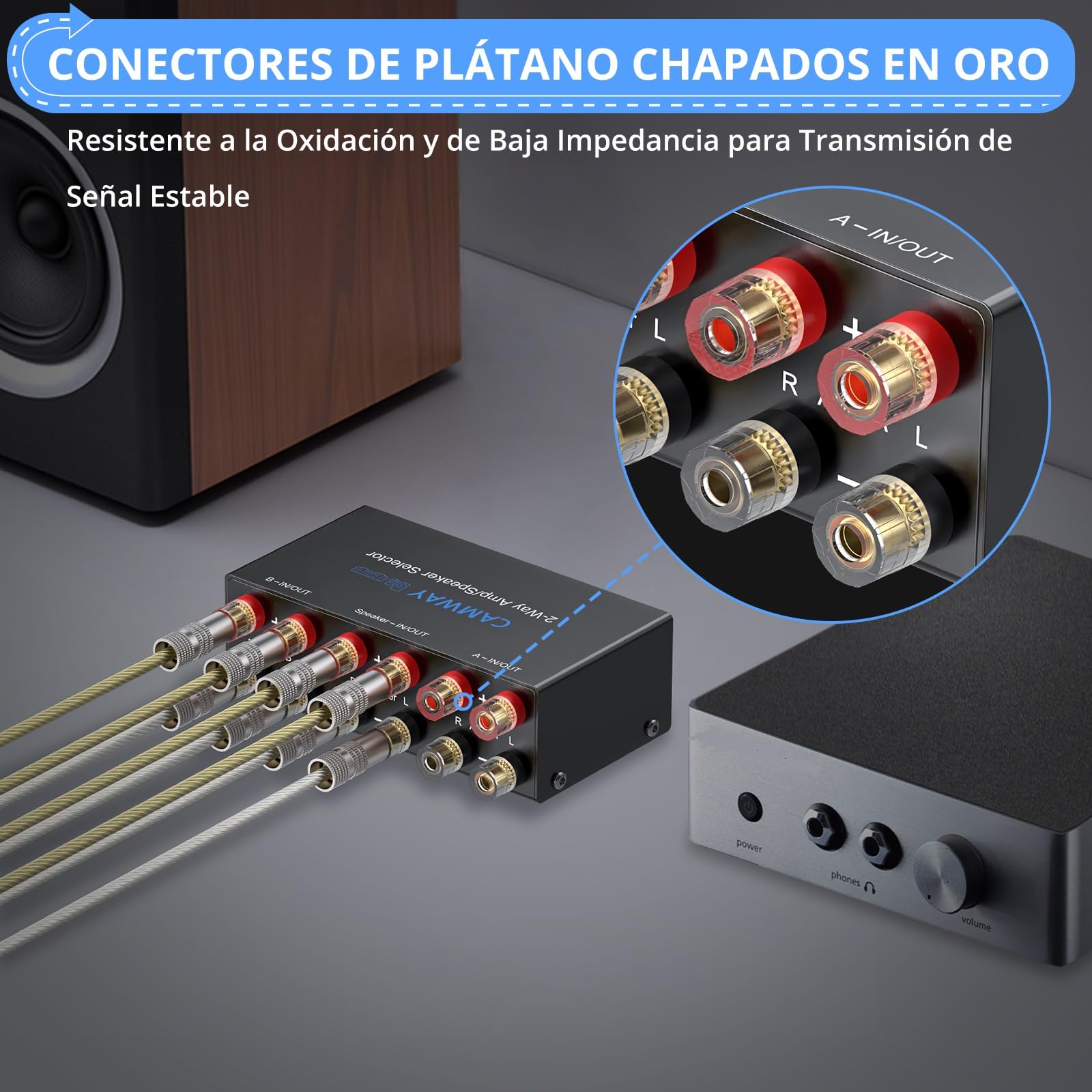 CAMWAY Conmutador de Audio Bidireccional 2 In 1 out / 1 In 2 out, Selector de Amplificador/Altavoz con Interruptor Mecánico (A/B/Off), Conectores Banana Chapados en Oro,Plug and Play