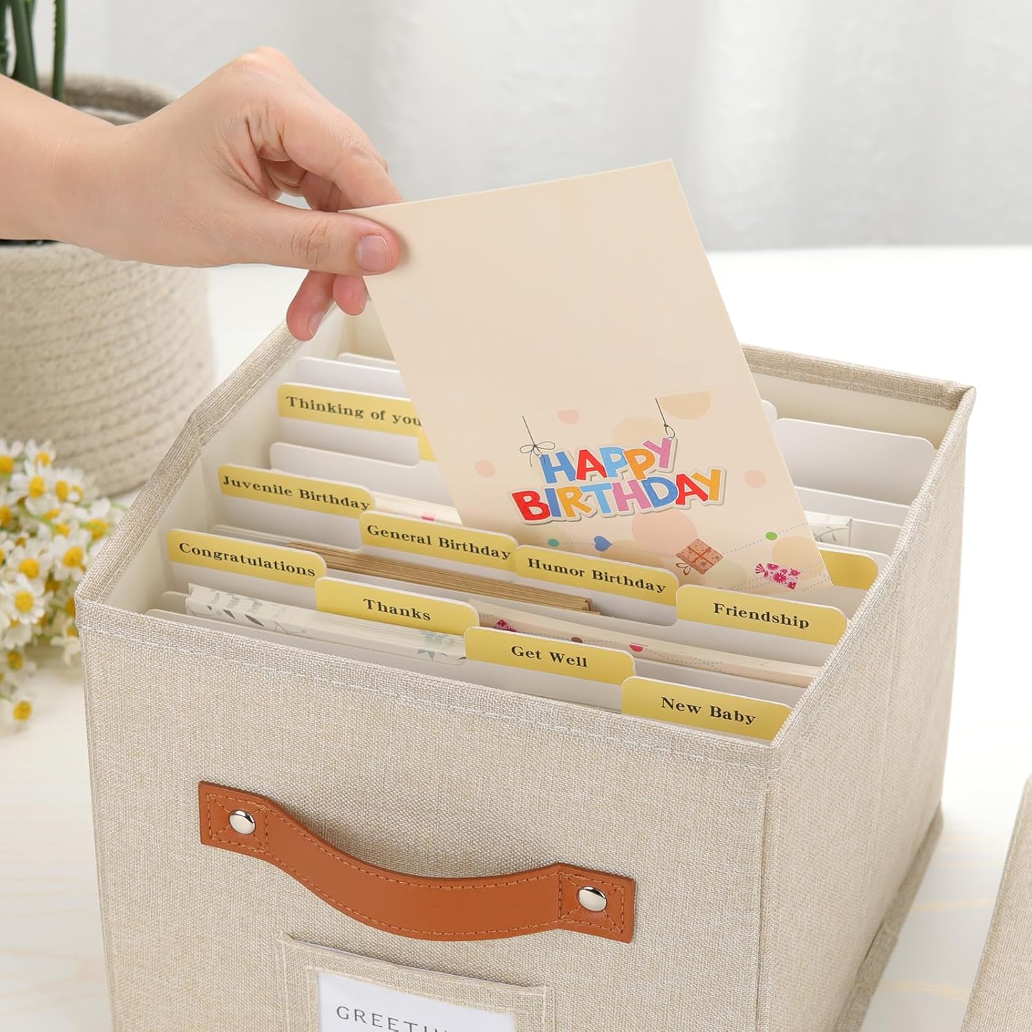 Greeting Card Organizer with dividers - Storage Box with lid Holds 150+ Cards - Assortment Box for Greeting Cards,Recipes, Photos, Envelopes, Keepsake - 9 x 9 x 7 Inches (Beige, 2 pcs)