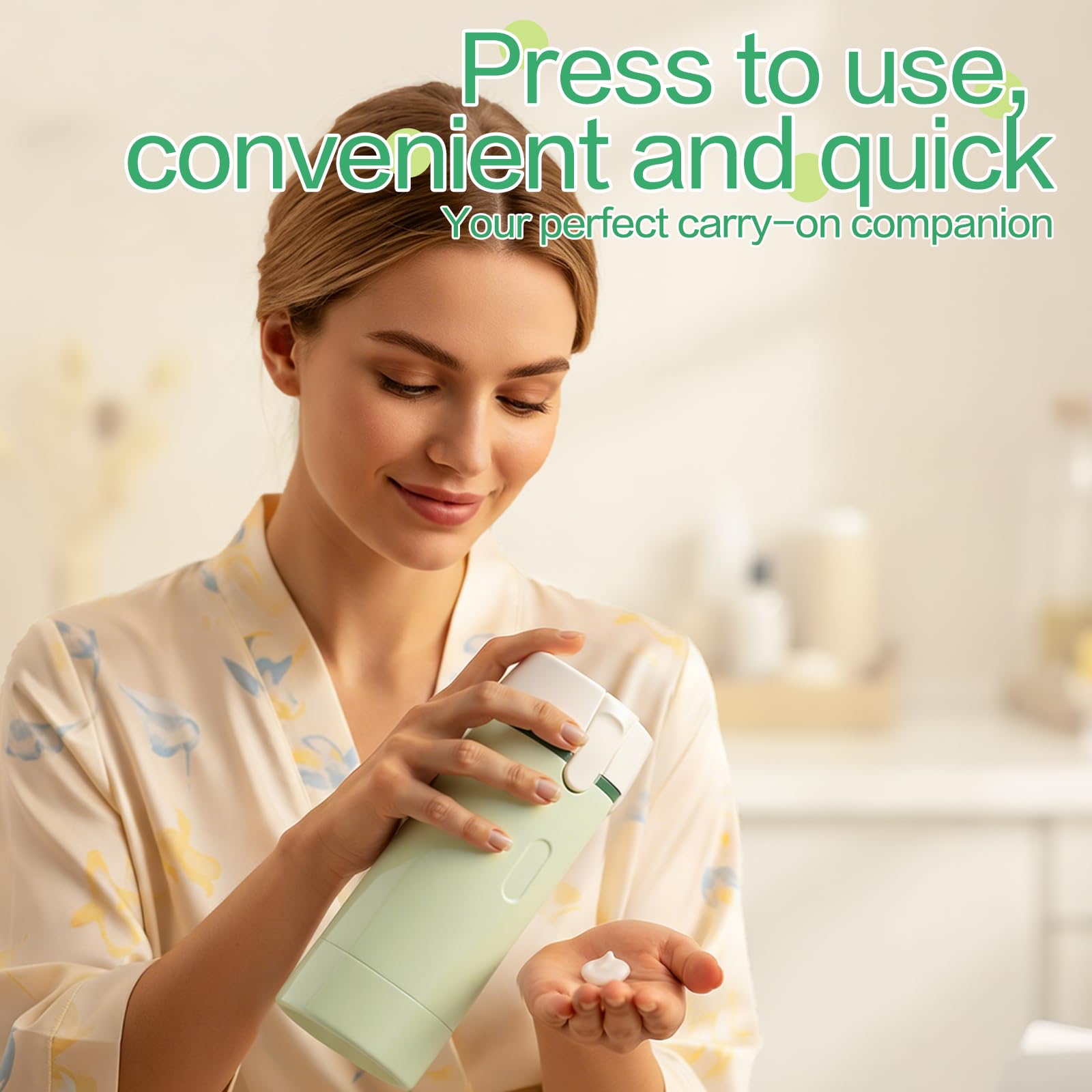 4 in 1 Travel Dispenser Bottle for Flying Essentials Camping Toiletries Pump Leak Proof Size Portable Containers for Shampoo Lotion Creams Body Wash Conditioner Refillable Attached Label (Green) - 3