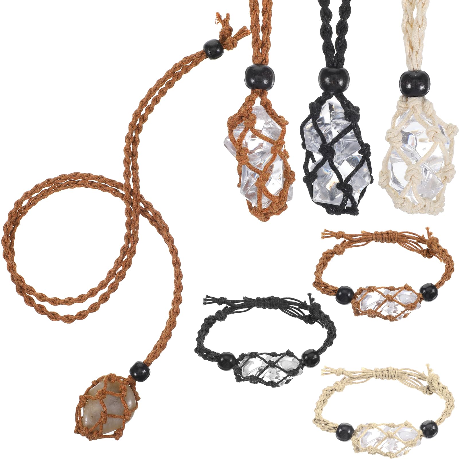 6PCS Adjustable Crystal Holder Necklace Cage and Bracelet Cord Holders, Empty Stone Necklaces Cord Hand-Woven Replacement Pendant Net Cages for Quartz Gemstone, DIY Jewelry Making(3 Colors)