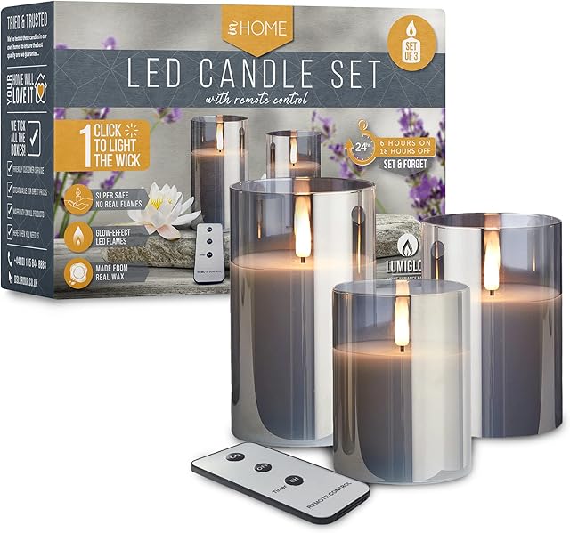 LED Candles | LED Candles Flickering | Grey Reflective Glass | Electric Flameless LED Flame Candle with Remote Control - Battery Operated Candles (Set of 3) iN Home