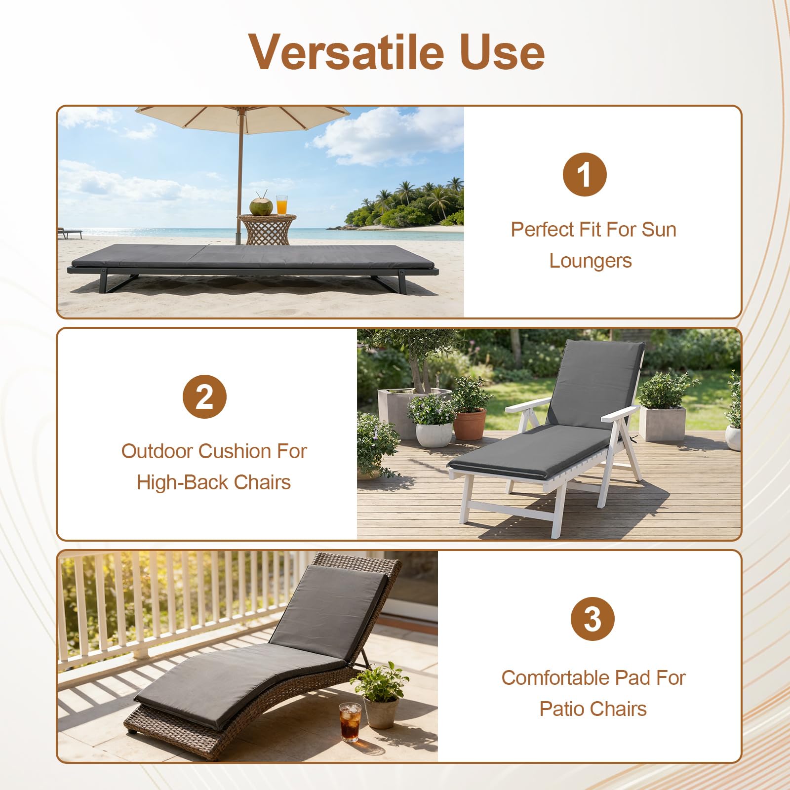 Zyncove Liegenauflage, 190x58x6cm Outdoor Bequeme Sonnenliege Polster Befestigungsbänder, Waschbar Auflage Gartenliege für Gartenmöbel Liegestuhl Liegen, Gartenliege Dunkelgrau